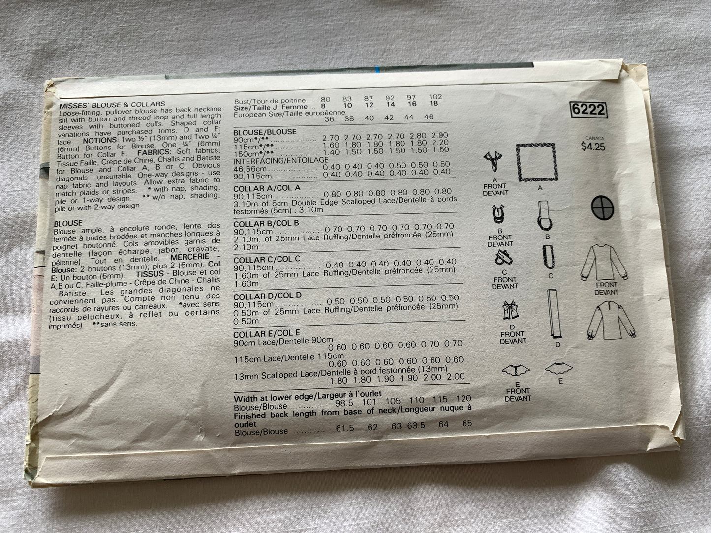 Butterick Sewing Pattern 6222 Misses' Blouse, Loose-Fitting, Long Sleeves, Pullover, 5 Collar Variations, Size 14-18, Uncut, Vintage 1995