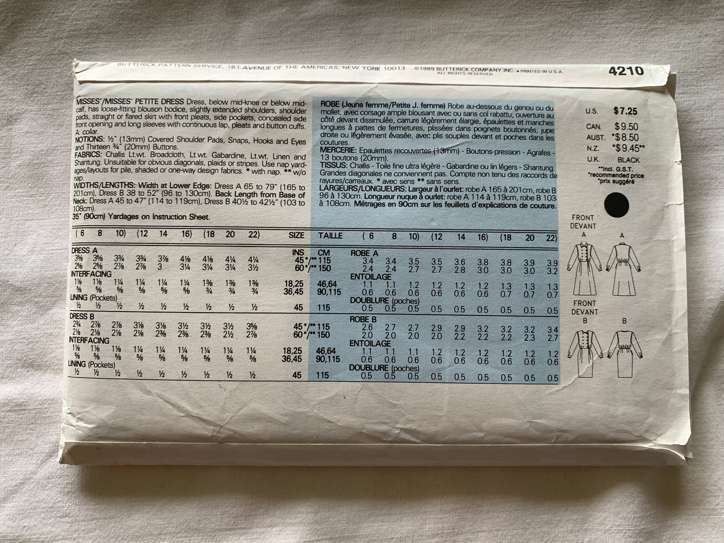 Butterick J G Hook Sewing Pattern 4210 Misses'/Misses' Petite Dress, Loose-Fitting, Button Front, Pockets, Size 6-10, Uncut, Vintage 1989