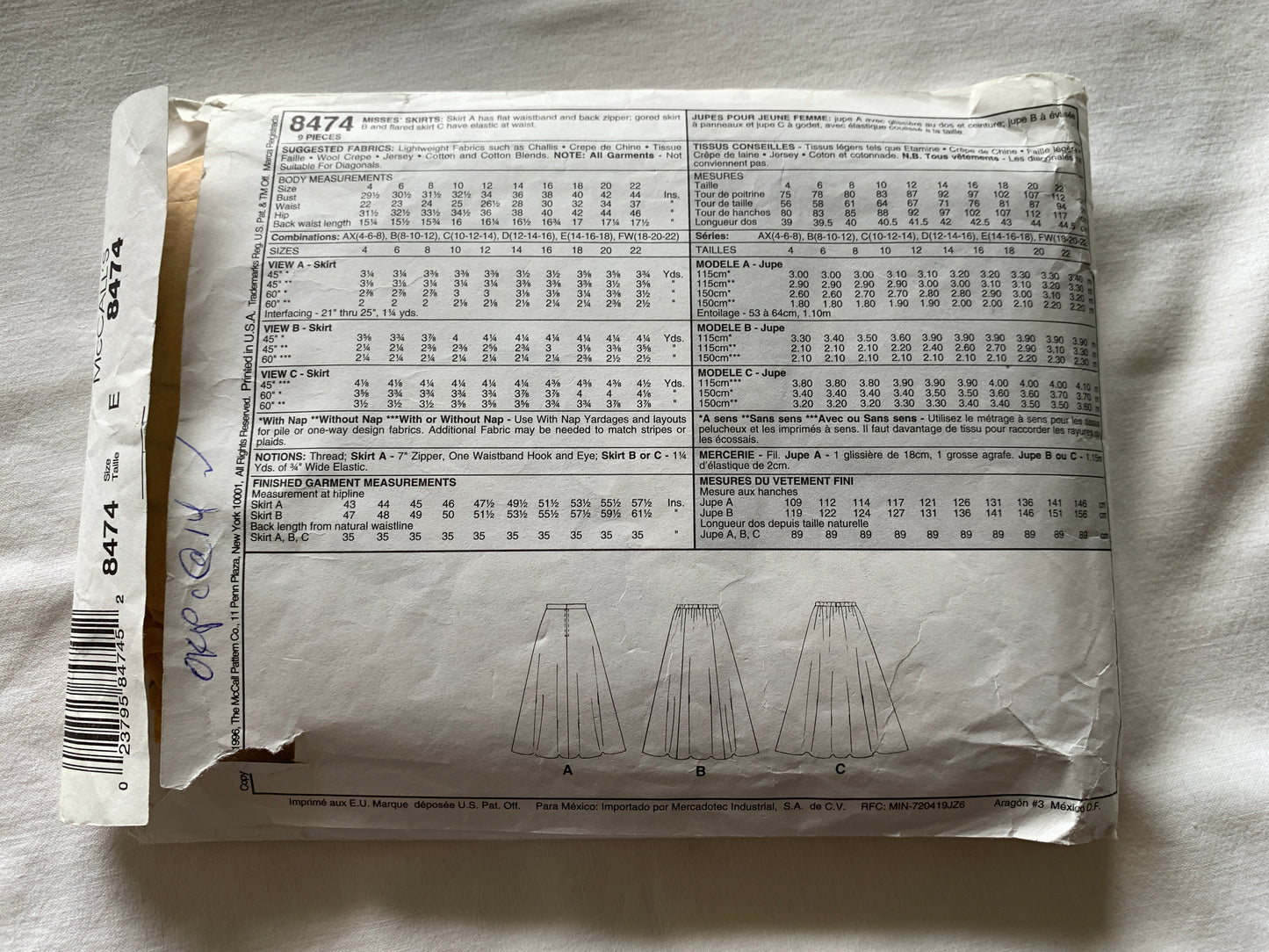 McCall's Sewing Pattern 8474 Misses' Skirt, Zipper Back, Waistband, Flared, Size 14-18, Cut, Vintage 1996
