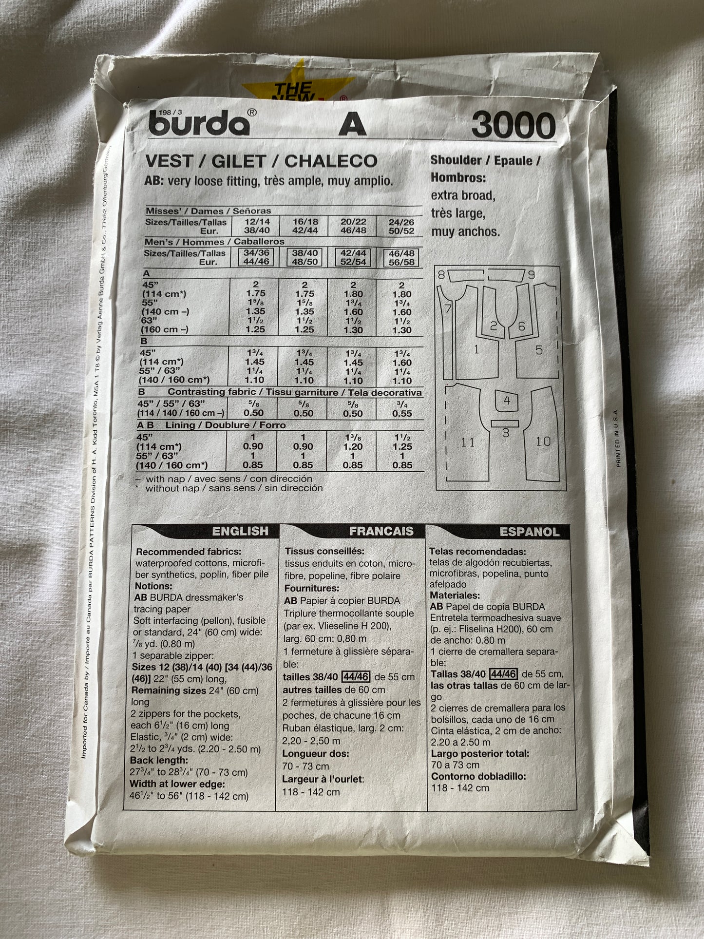 Burda Sewing Pattern 3000 Men's/Misses' Vest, Zipper Front, Collar, Pockets, Loose-Fitting, Size All, Uncut, 2000