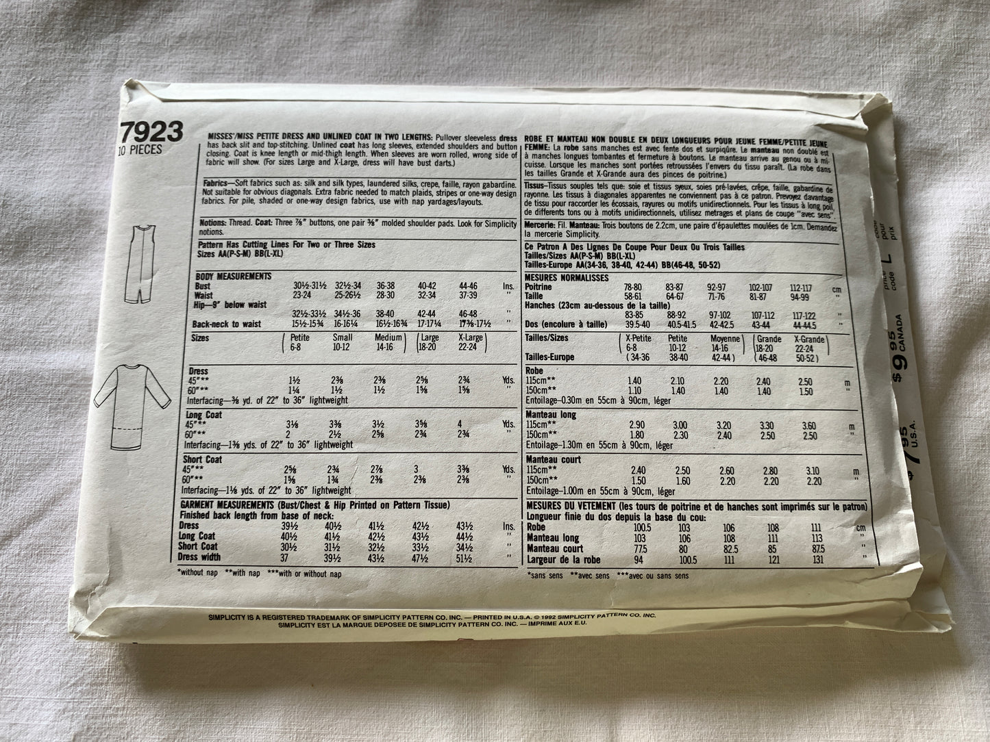Simplicity Sewing Pattern 7923 Misses'/Miss Petite Dress, Unlined Coat, Long Sleeves, Pockets, Two Lengths, Size 6-16, Uncut, Vintage 1992