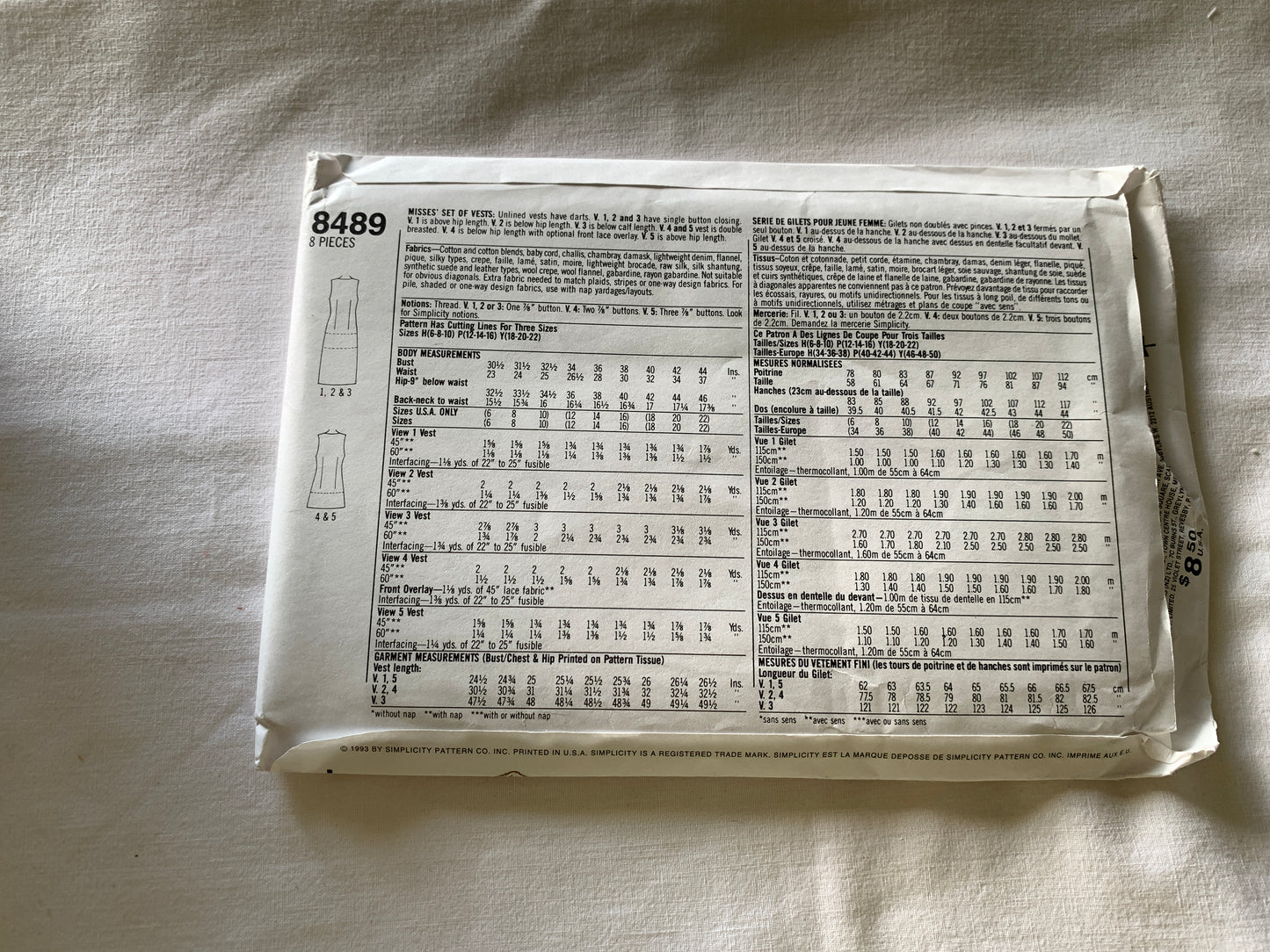 Simplicity Sewing Pattern 8489 Misses' Unlined, Vest, Button Front, Sleeveless, 5 Variations, Size 12-16, Uncut, Vintage 1993