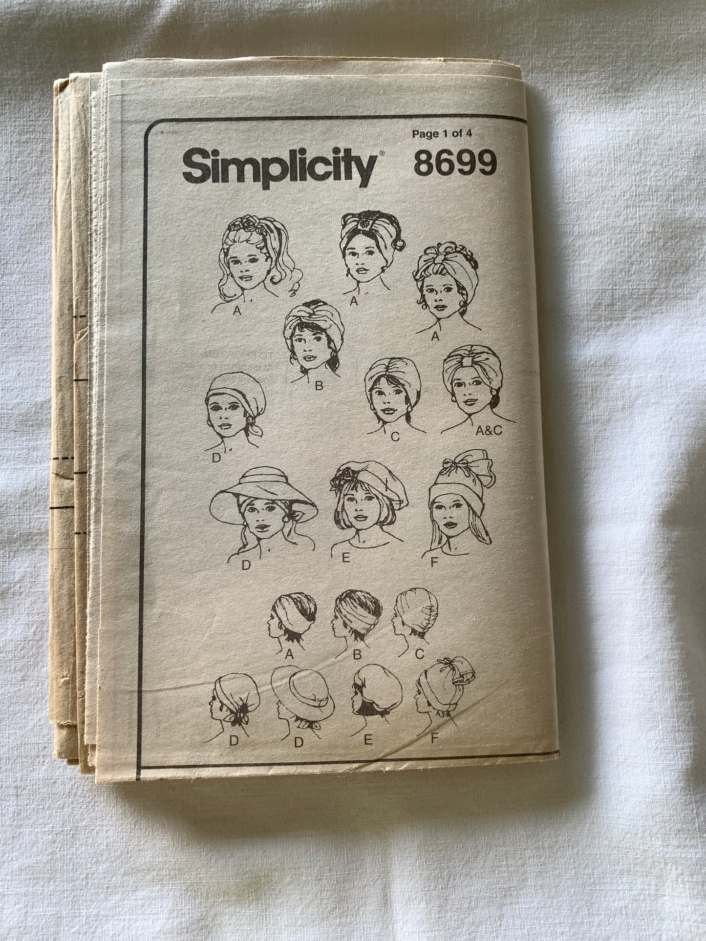 Simplicity Sewing Pattern 8699 Head/Hair Accessories, Scarf, Cowl, Headband, Turban, Brim, Beret, Cap, Tie, One Size, Uncut, Vintage 1993
