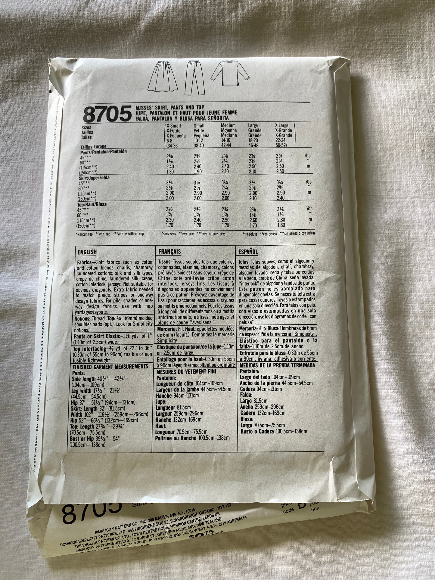 Simplicity Sewing Pattern 8705 Misses' Top, Pants, Skirt, Long Sleeves, Pullover, Elastic Waist, Full Skirt, Size 6-24, Uncut, Vintage 1993