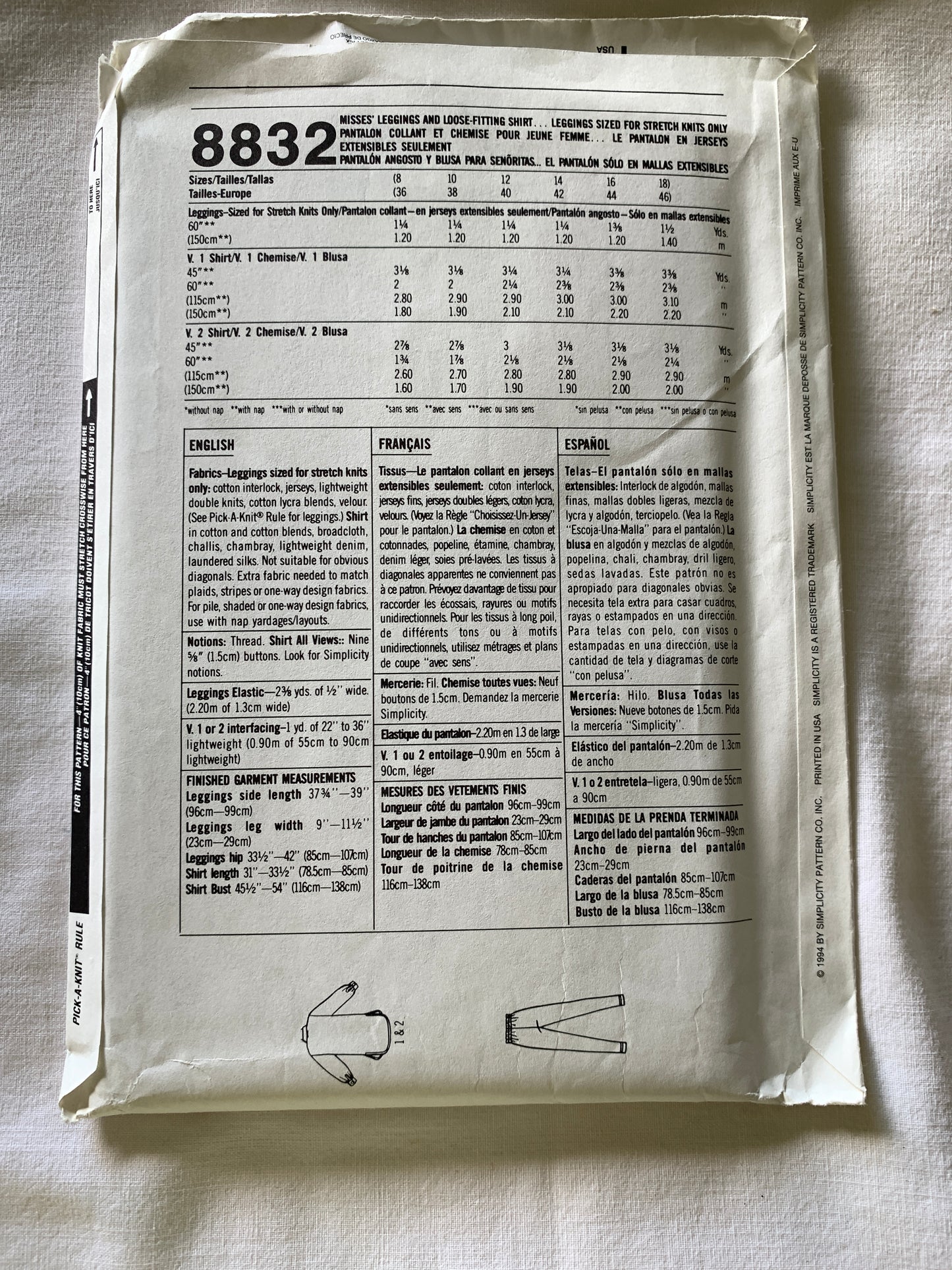 Simplicity Sewing Pattern 8832 Misses' Leggings, Elastic Waist, Oversized Tops, Long Sleeves, Stretch Knit, Loose-Fitting, Size 8-18, Uncut, Vintage 1994