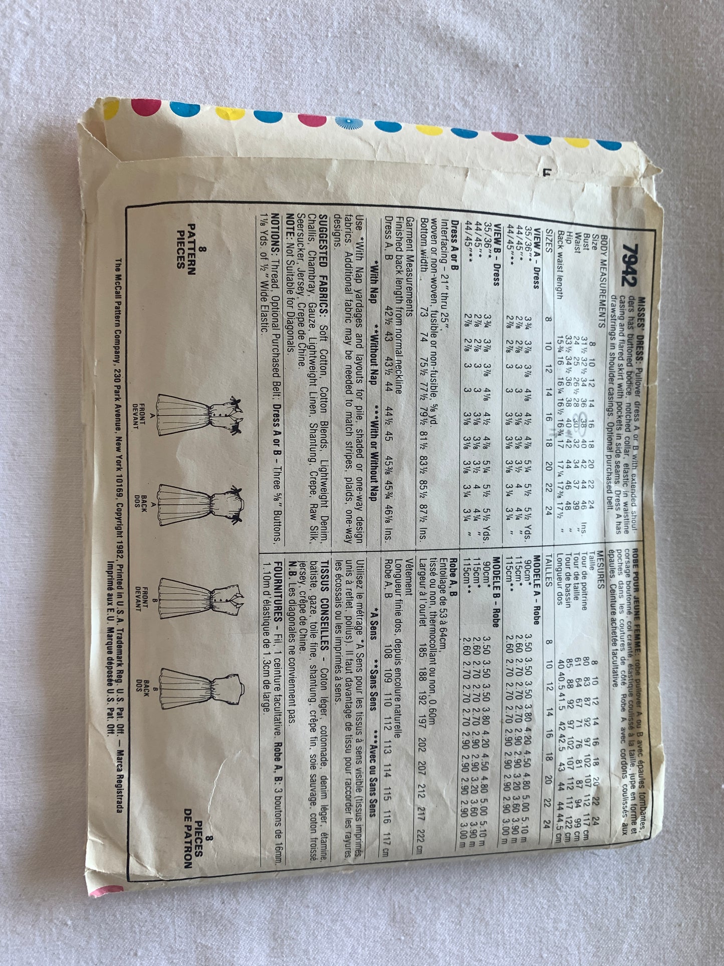 McCall's Sewing Pattern 7942 Misses' Dress, Pullover, Pockets, 2 Variations, Button Front, Elastic Waist, Size 14-18, Cut, Vintage 1982