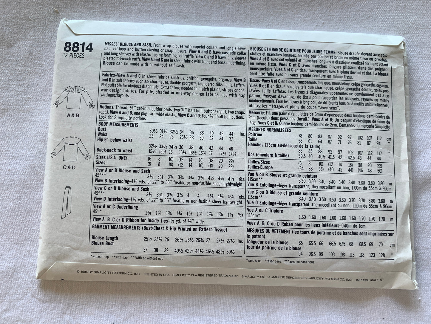 Simplicity Sewing Pattern 8814 Misses' Blouse, Sash, Front Wrap, Long Sleeves, Size 12-16, Uncut, Vintage 1994