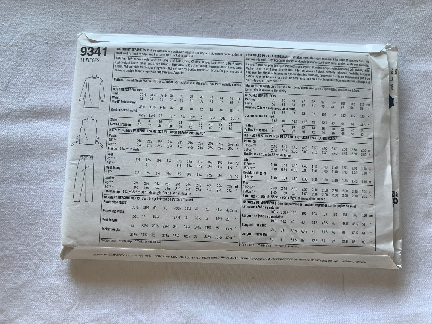 Simplicity Sewing Pattern 9341 Kathie Lee Misses' Maternity Pants, Jacket, Vest, Size 10-16, Uncut, Vintage 1995