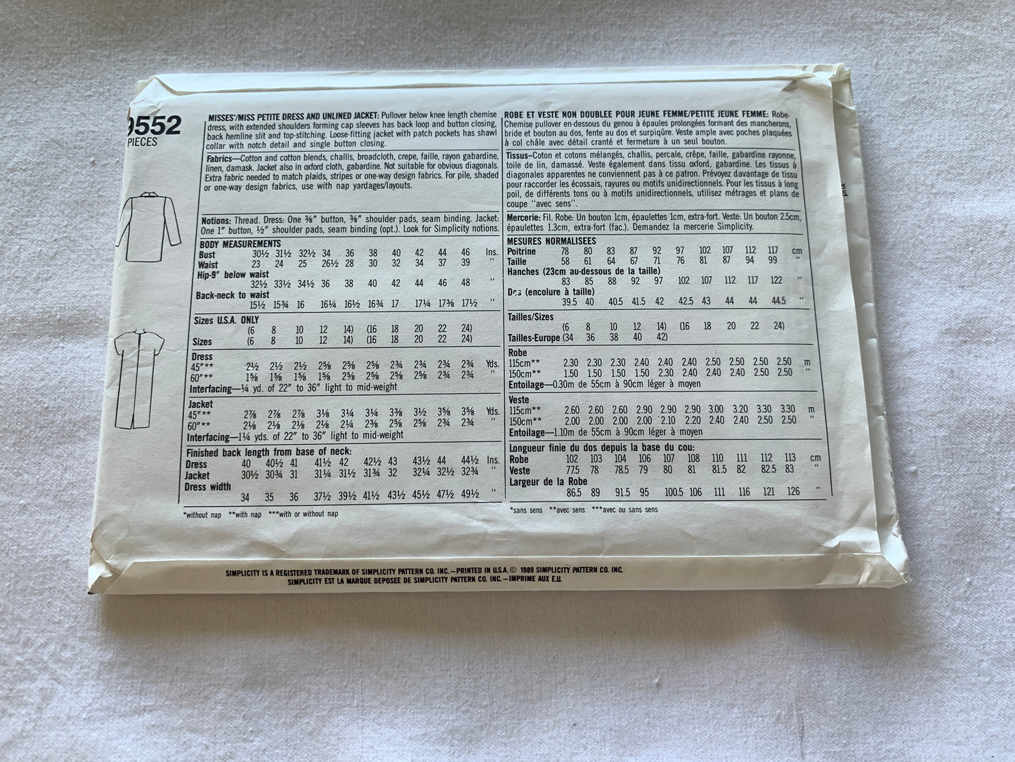 Simplicity Jiffy Sewing Pattern 9552 Misses'/Miss Petite Dress, Unlined Jacket, Pullover, Pockets, Shawl Collar, Size 6-14, Uncut, Vintage 1989