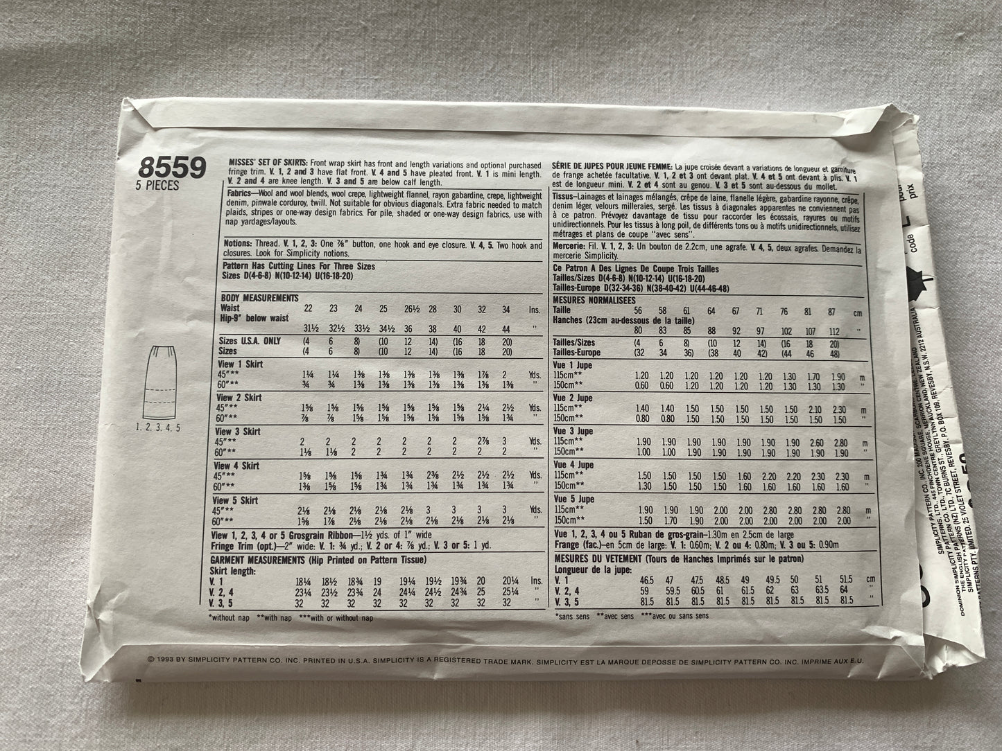 Simplicity Sewing Pattern 8559 Misses' Skirts, Front Wrap, Pleats, Mini, 3 Lengths, Size 10-14, Uncut, Vintage 1993