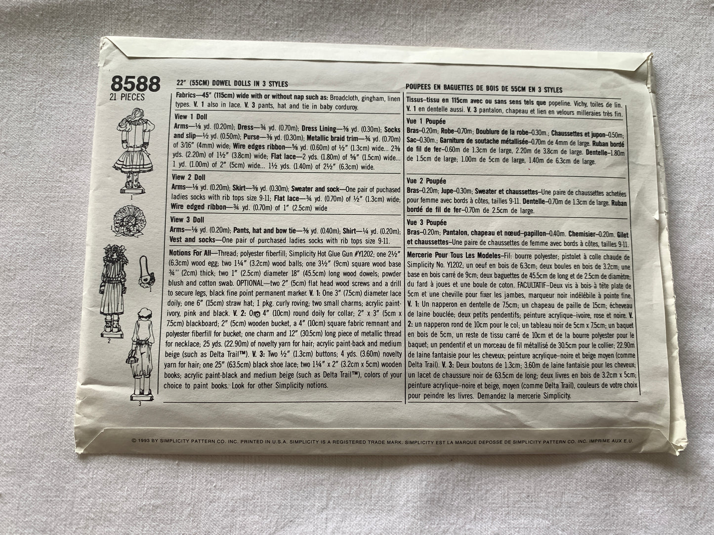 Simplicity Sewing Pattern 8588 Crafts 22" Dowel Dolls, 3 Styles, Wardrobe, Uncut, Vintage 1993