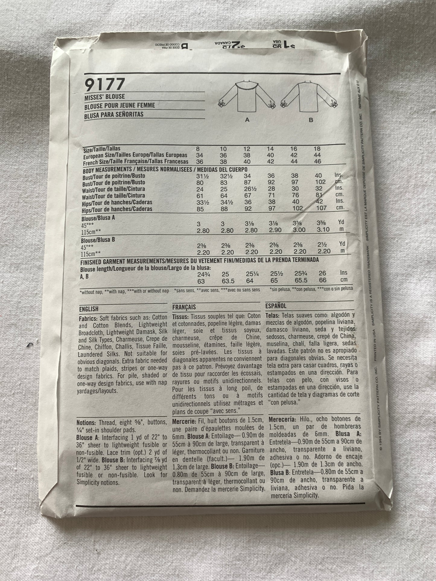 Simplicity Sewing Pattern 9177 Misses' Blouse, Button Front, Long Sleeves, Collar, Size 8-18, Uncut, Vintage 1994