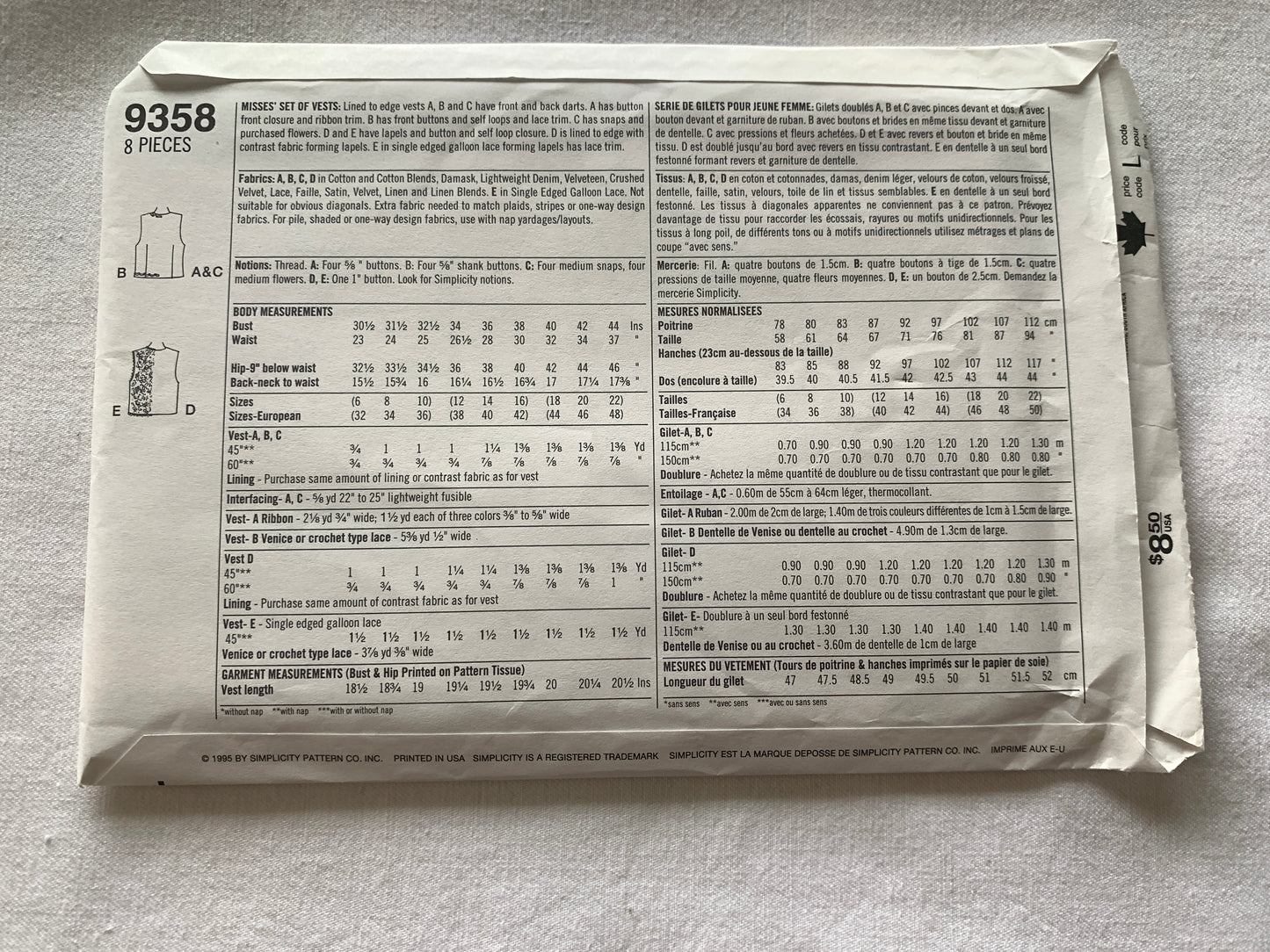 Simplicity Sewing Pattern 9358 Misses' Lined Vests, Sleeveless, Button Front, 5 Variations, Size 12-16, Uncut, Vintage 1995
