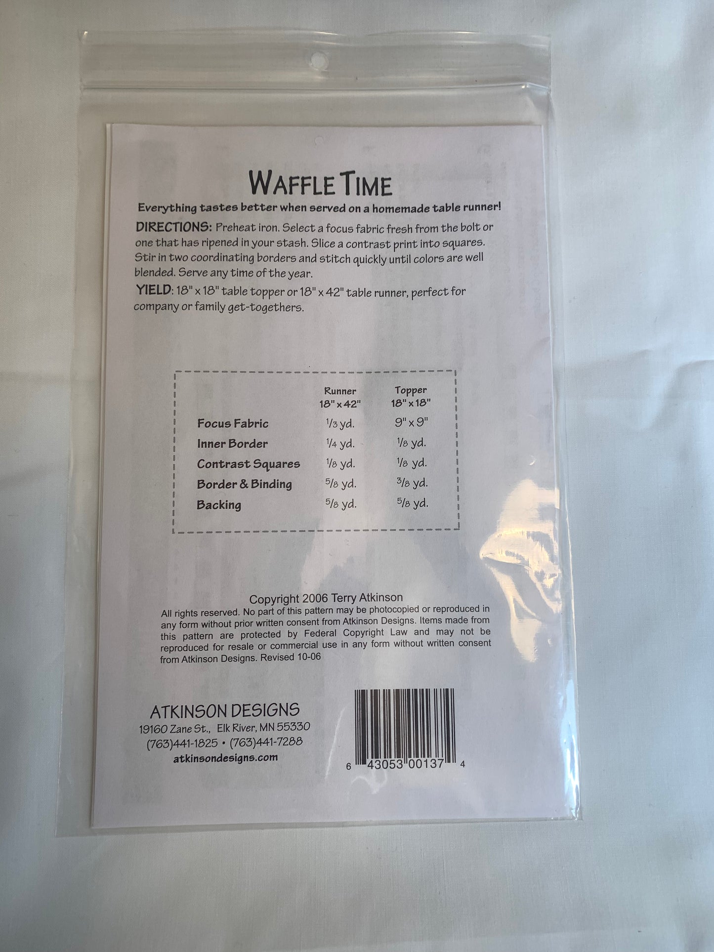 Atkinson Designs Table Runner/Topper Pattern 18" x 18", Waffle Time, 2006,