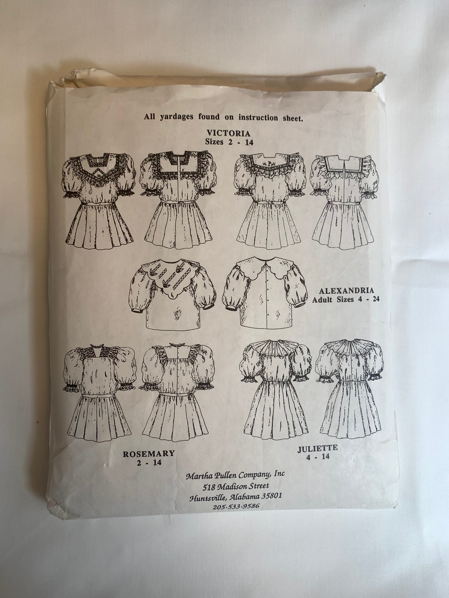 Dresses, Short Sleeves, 4 Variations, Antique Clothing, French Sewing by Machine, Martha Pullen, Size 2-14, 1990