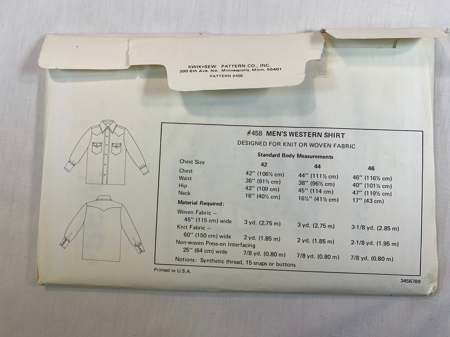 KWIK Sewing Pattern 458 Men's Western Shirt, Long Sleeves, Collar, Pockets, Snap/Button Front, Cuffs, Size 42-46, Uncut, Vintage 1980