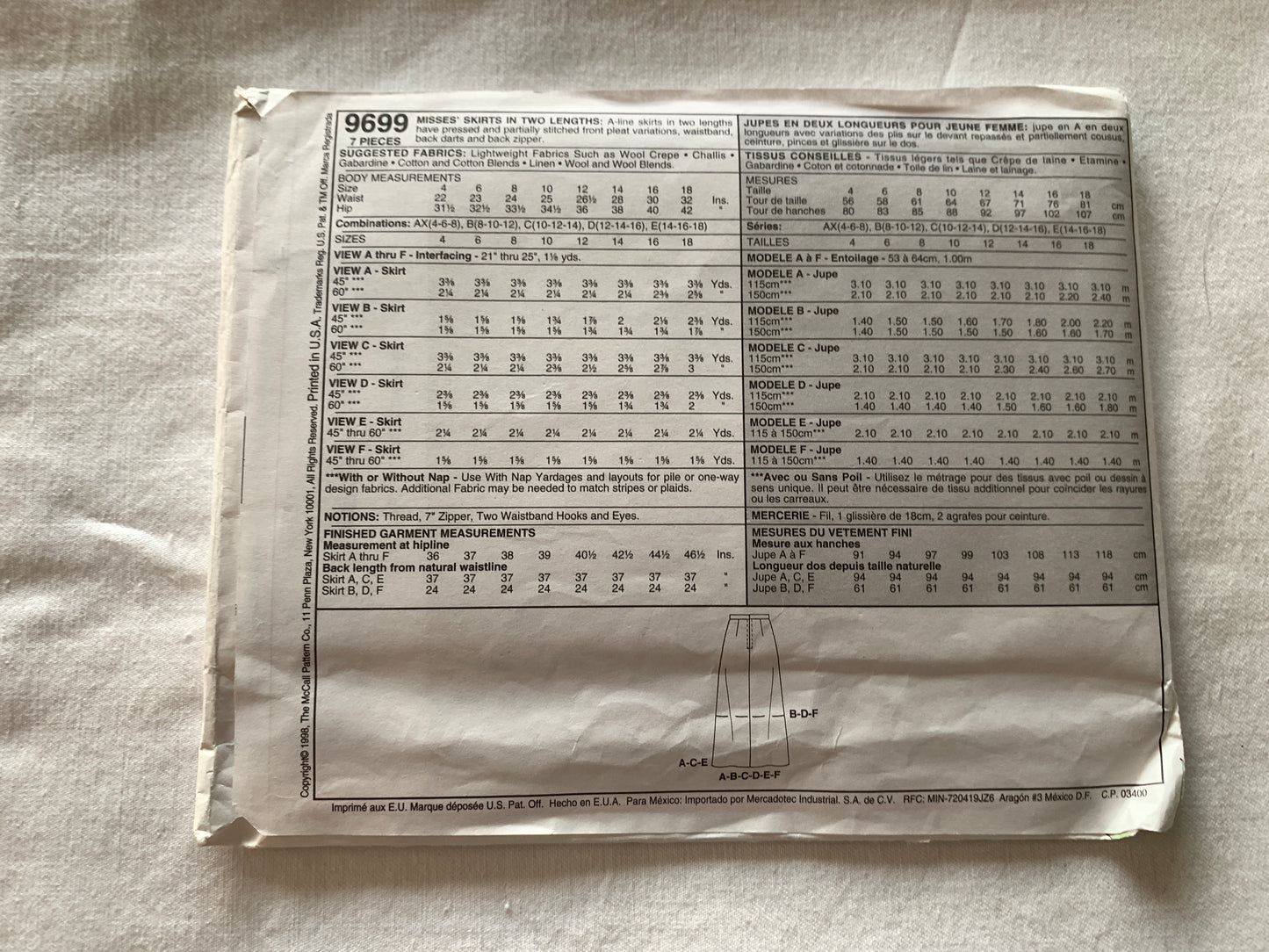McCall's Sewing Pattern 9699 Misses' Skirt, Two Lengths, 6 Variations, Pleats, Zipper Back, Size 8-12, Uncut, Vintage 1998