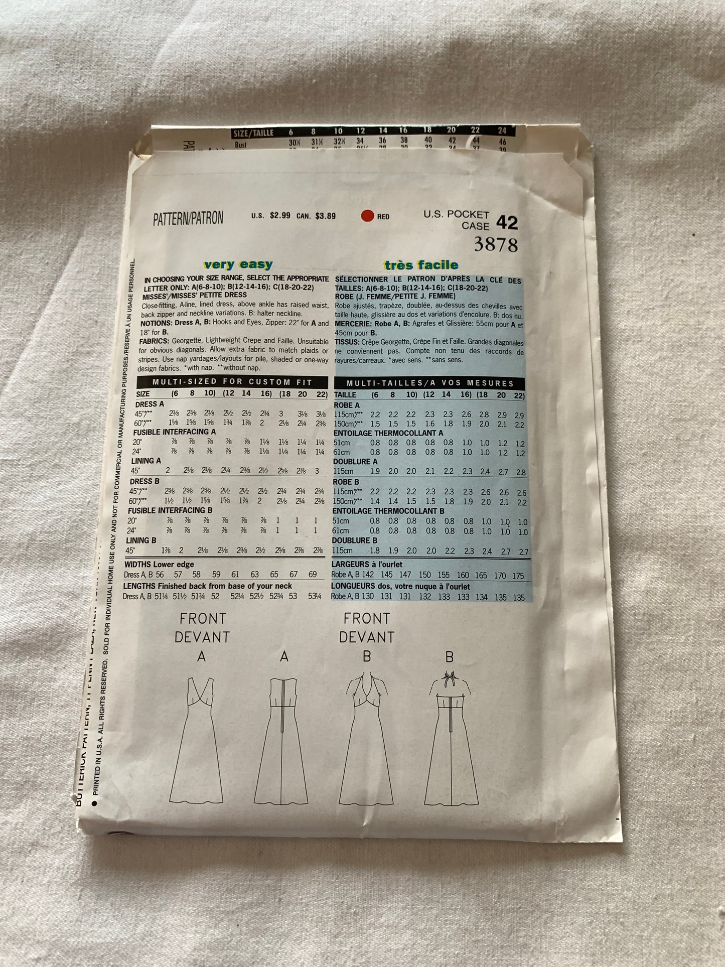 Butterick Sewing Pattern See & Sew 3878 Misses'/Misses' Petite Dress, A-Line, Close-Fitting, Back Zipper, Raised Waist, Sleeveless, Size 18-22, Uncut, 2004