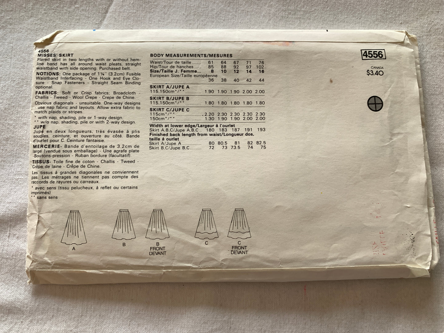 Butterick Sewing Pattern 4735 Misses' Skirt, Two Lengths, Pleats, Flared, Size 12, Uncut, Vintage 1987