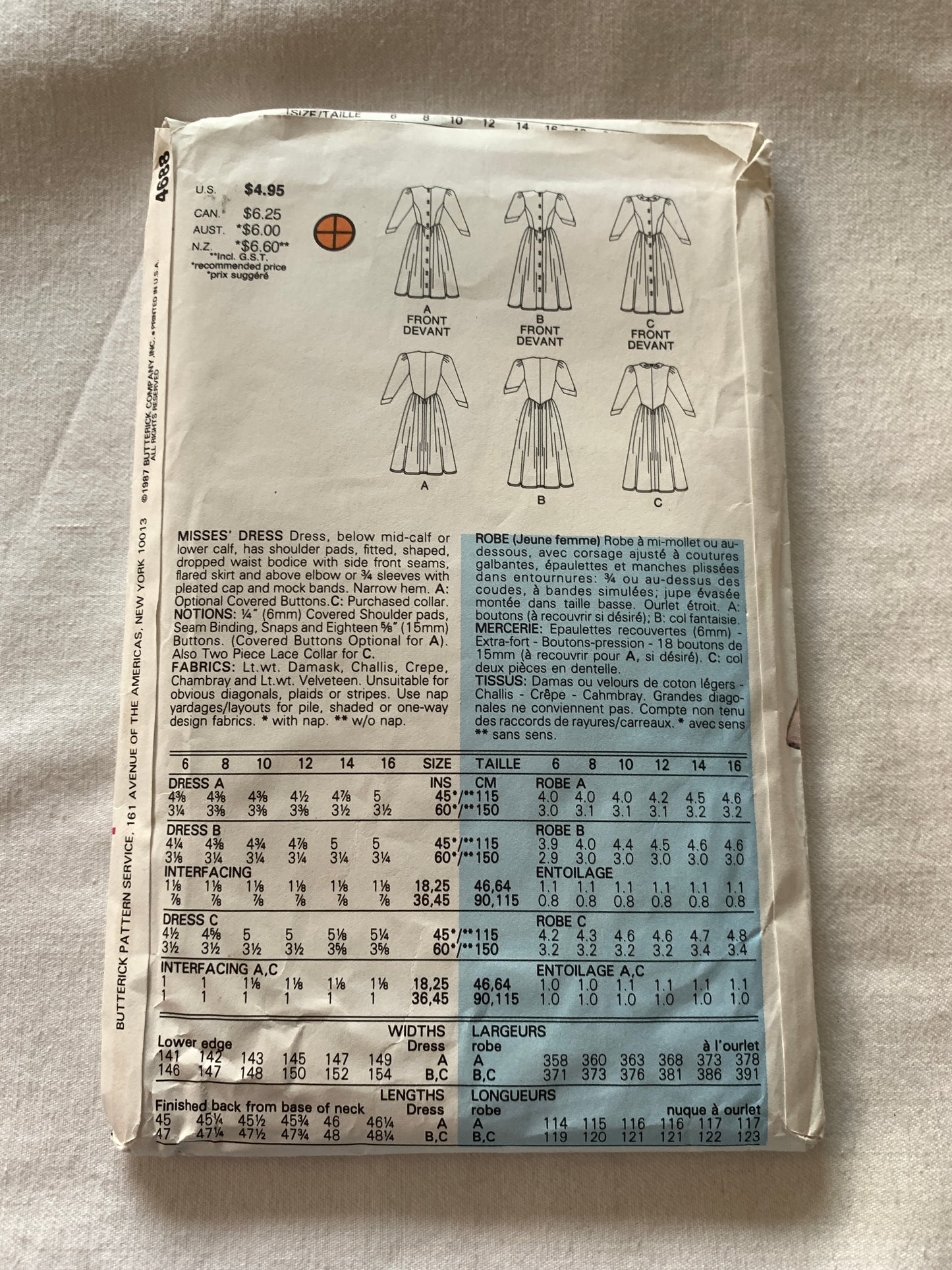 Butterick Sewing Pattern 4688 Misses' Dress, Shoulder Pads, Two Lengths, Elbow Sleeves, Button Front, Size 10, Uncut, Vintage 1987