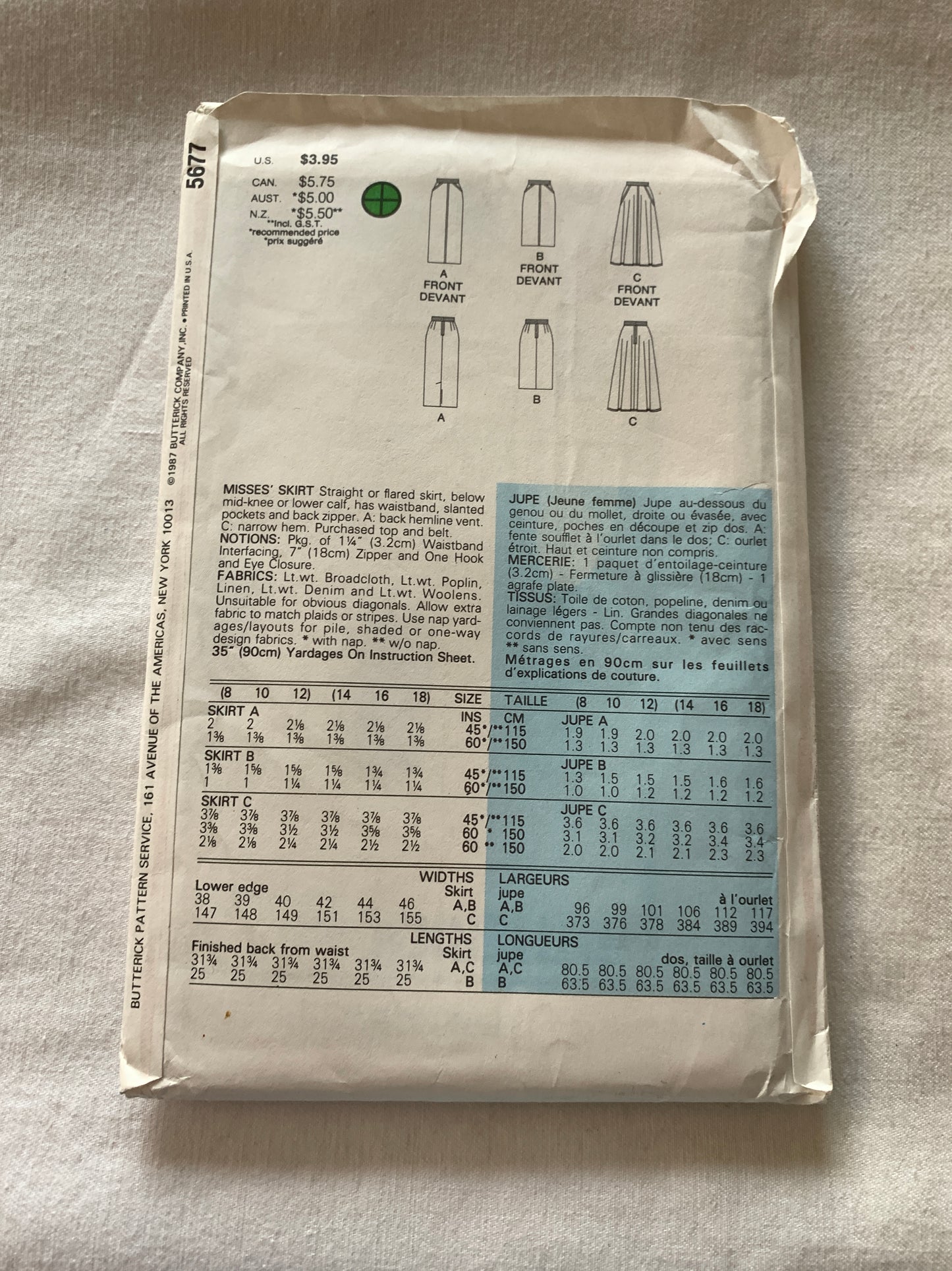 Butterick Sewing Pattern 5677 Misses' Skirts, 3 Variations, Zipper Back, Full Skirt, Pockets, Size 8-12, Uncut, Vintage 1987