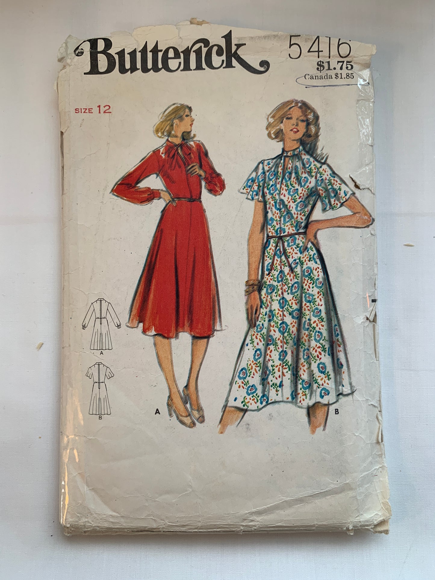 Butterick Sewing Pattern 5416 Misses' Dress, Zipper Back, Long/Short Sleeves, Size 12, Cut, Vintage 1970