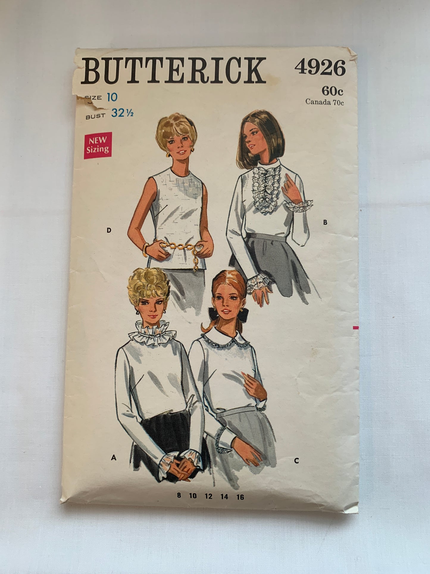 Butterick Sewing Pattern 4926 Misses' Blouse, 4 Variations, Long Sleeves, Sleeveless, Loose-Fitting, Zipper, Size 10, Cut, Vintage 1973