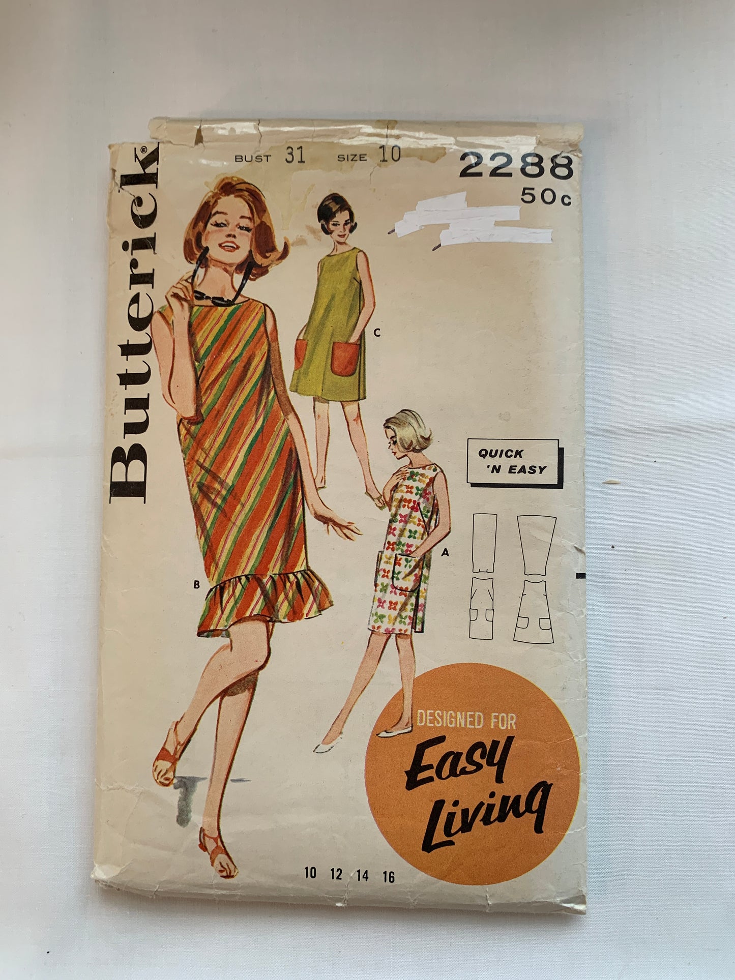 Butterick Sewing Pattern 2288 Misses' Beach Play Dress, Play, 3 Variations, Pockets, Ruffles, Size 10, Cut, Vintage 1968
