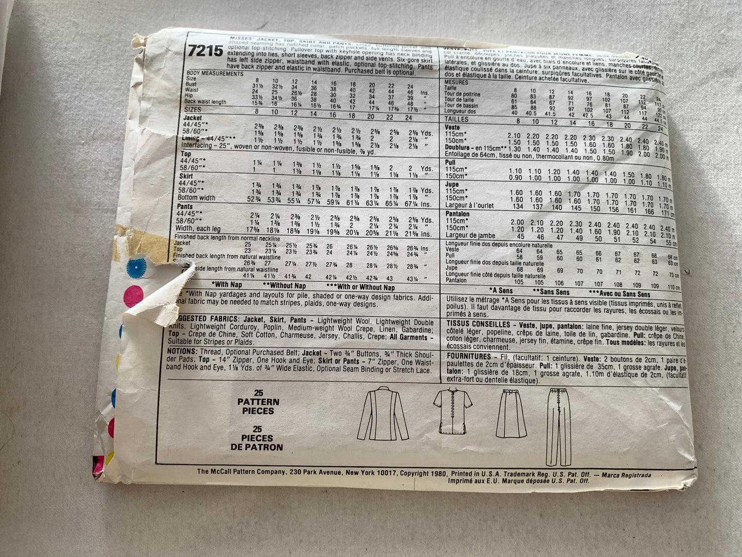 McCall's Sewing Pattern 7215 Misses' Lined Jacket, Pullover Top, Pants, Zipper Back Skirt, Size 24, Uncut, Vintage 1980