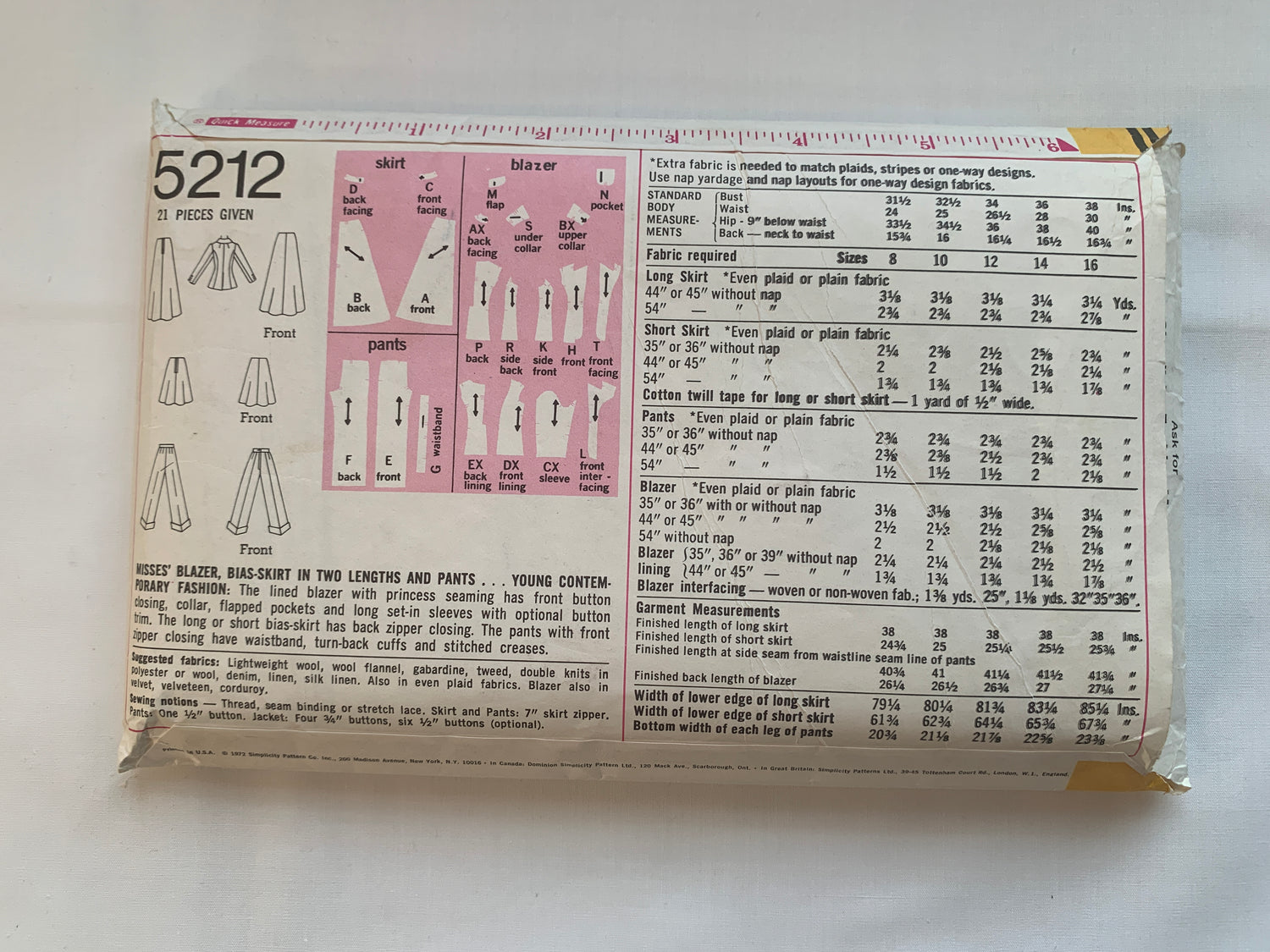 Simplicity Sewing Pattern 5212 Misses' Skirt, Pants, Jacket, Two Lengths, Princess Seams, Pockets, Zipper Closing, Size 14, Cut, Vintage 1972
