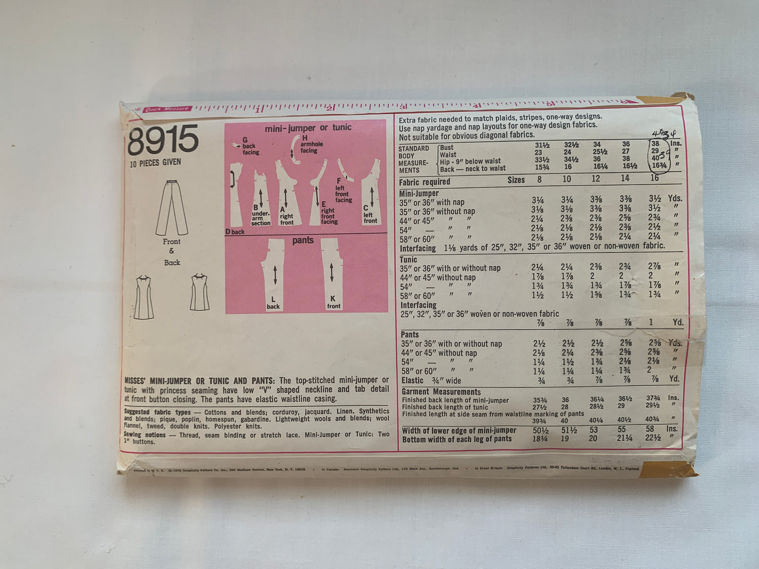 Simplicity Sewing Pattern 8915 Misses' Mini Jumper, Tunic, Pants, Sleeveless, Princess Seams, Button Front, Size 16, Cut, 1970