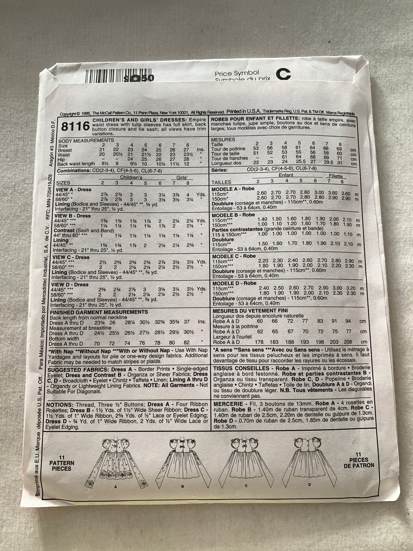 McCall's Kitty Benton Sewing Pattern 8116 Girls/Children's Dress, Empire Waist, Tulip Sleeves, Full Skirt, Button Back, Size 4-6, Uncut, Vintage 1996