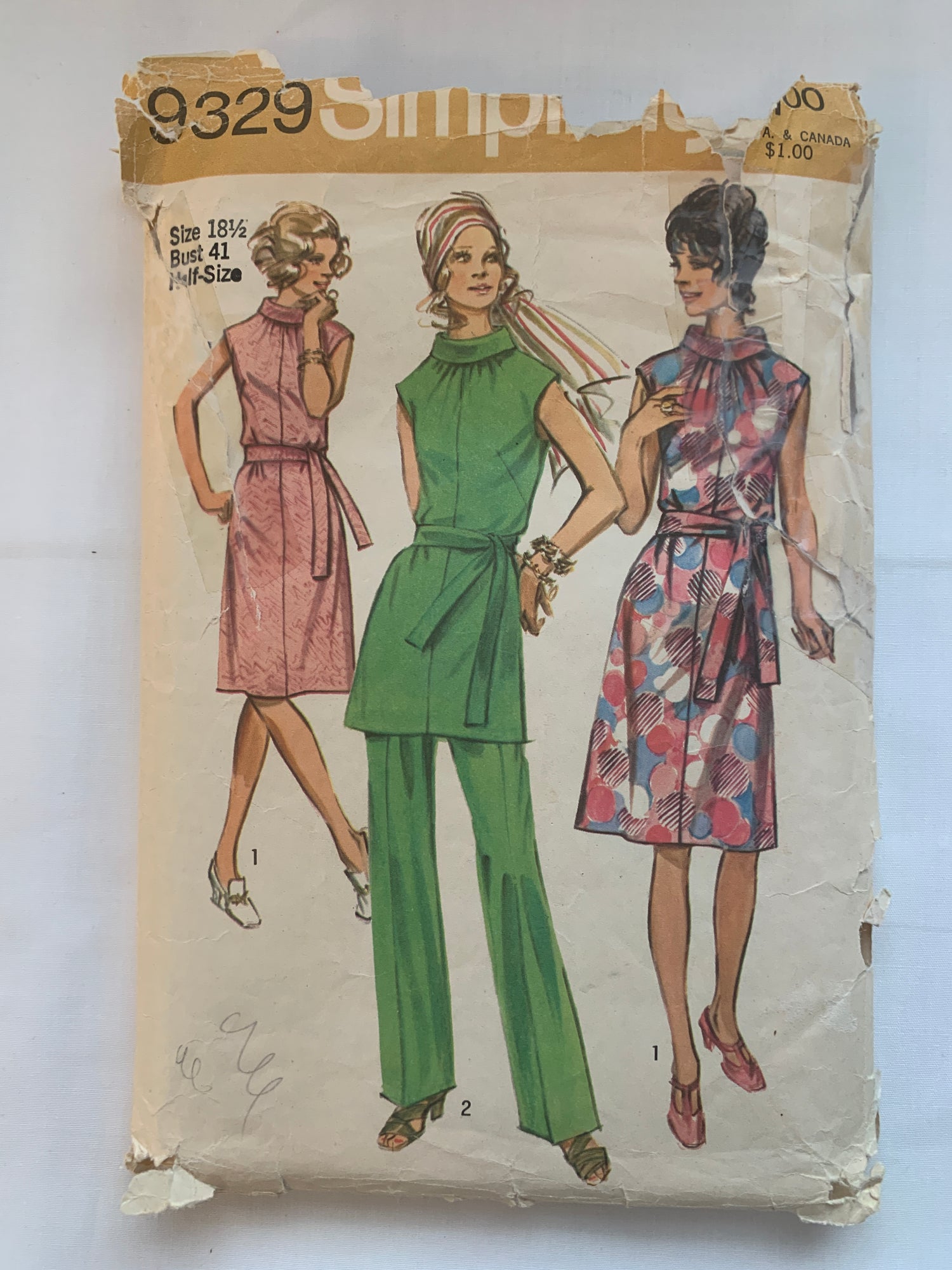 Simplicity Sewing Pattern 9329 Misses' Dress, Tunic, Pants, Zipper Back, Sleeveless, Size 18 1/2, Cut, Vintage 1970