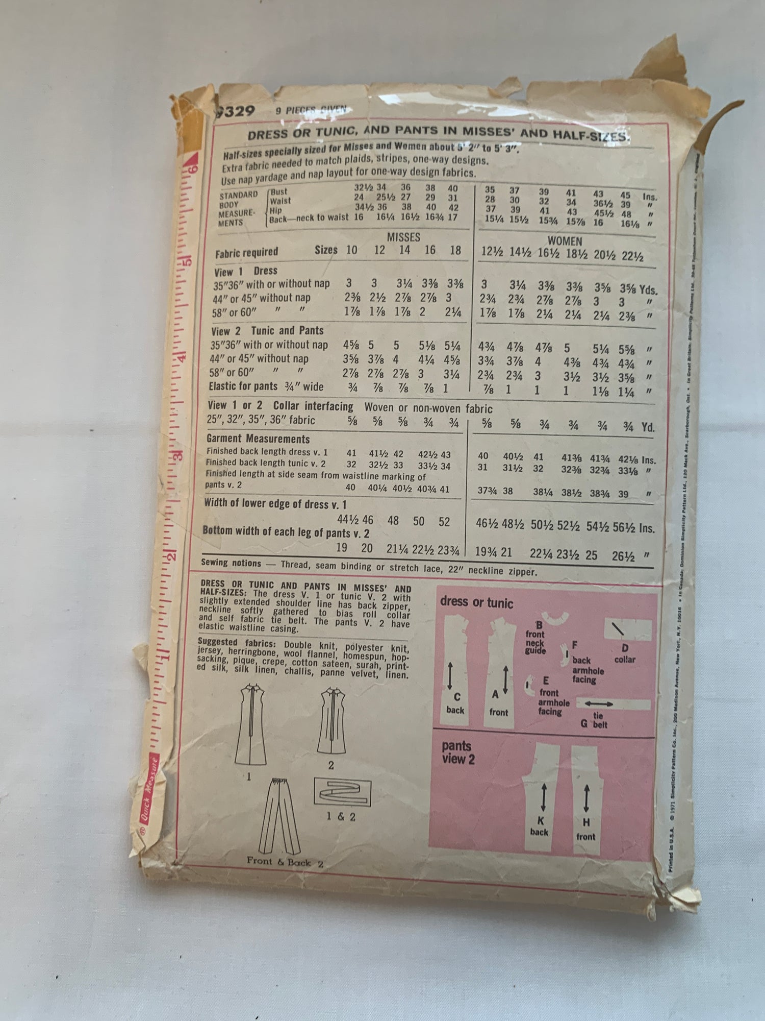 Simplicity Sewing Pattern 9329 Misses' Dress, Tunic, Pants, Zipper Back, Sleeveless, Size 18 1/2, Cut, Vintage 1970