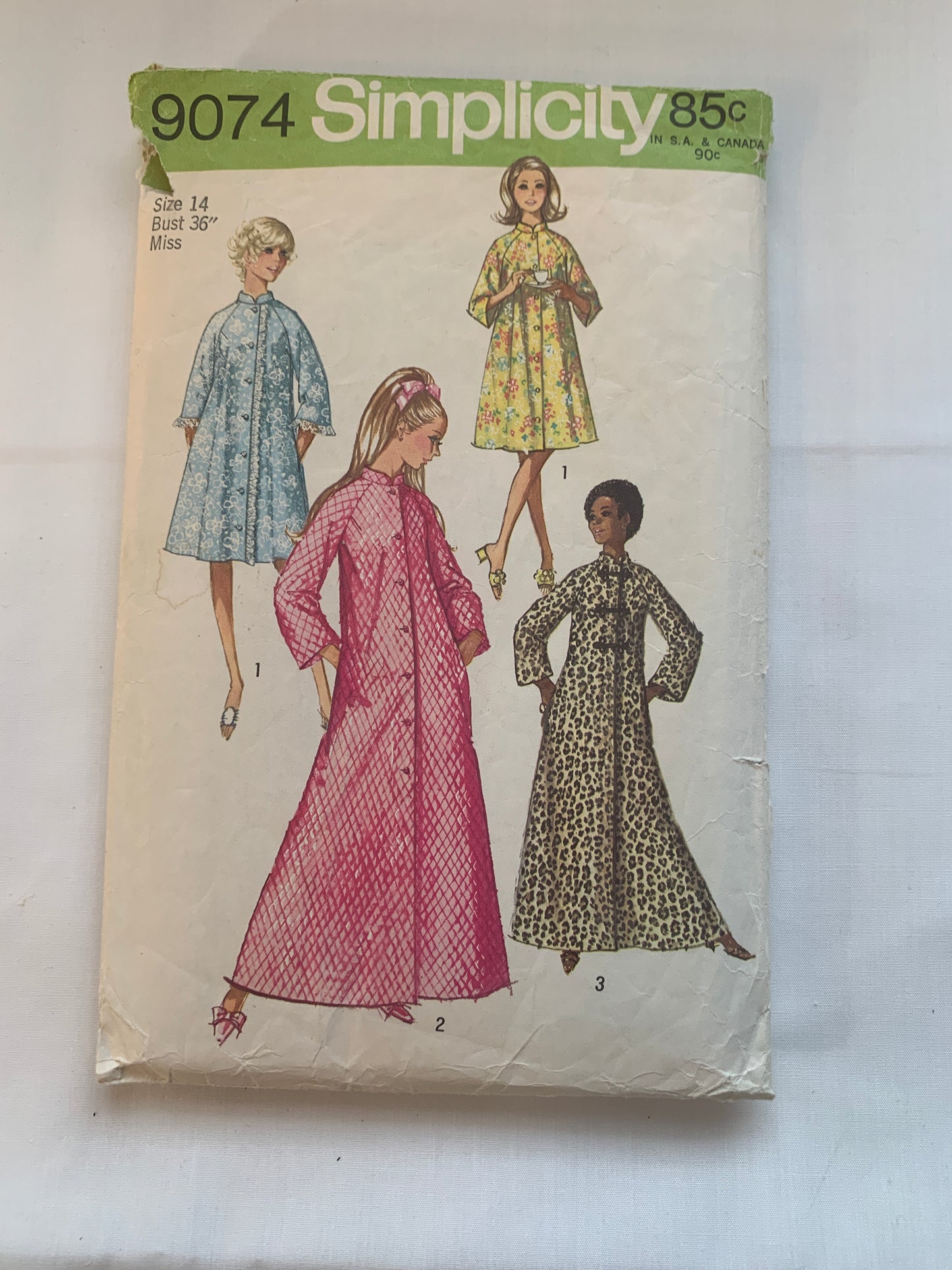 Simplicity Sewing Pattern 9074 Misses' Robe, Housecoat, Two Lengths, Tie Belt, Front Wrap, Size 14, Cut, Vintage 1970