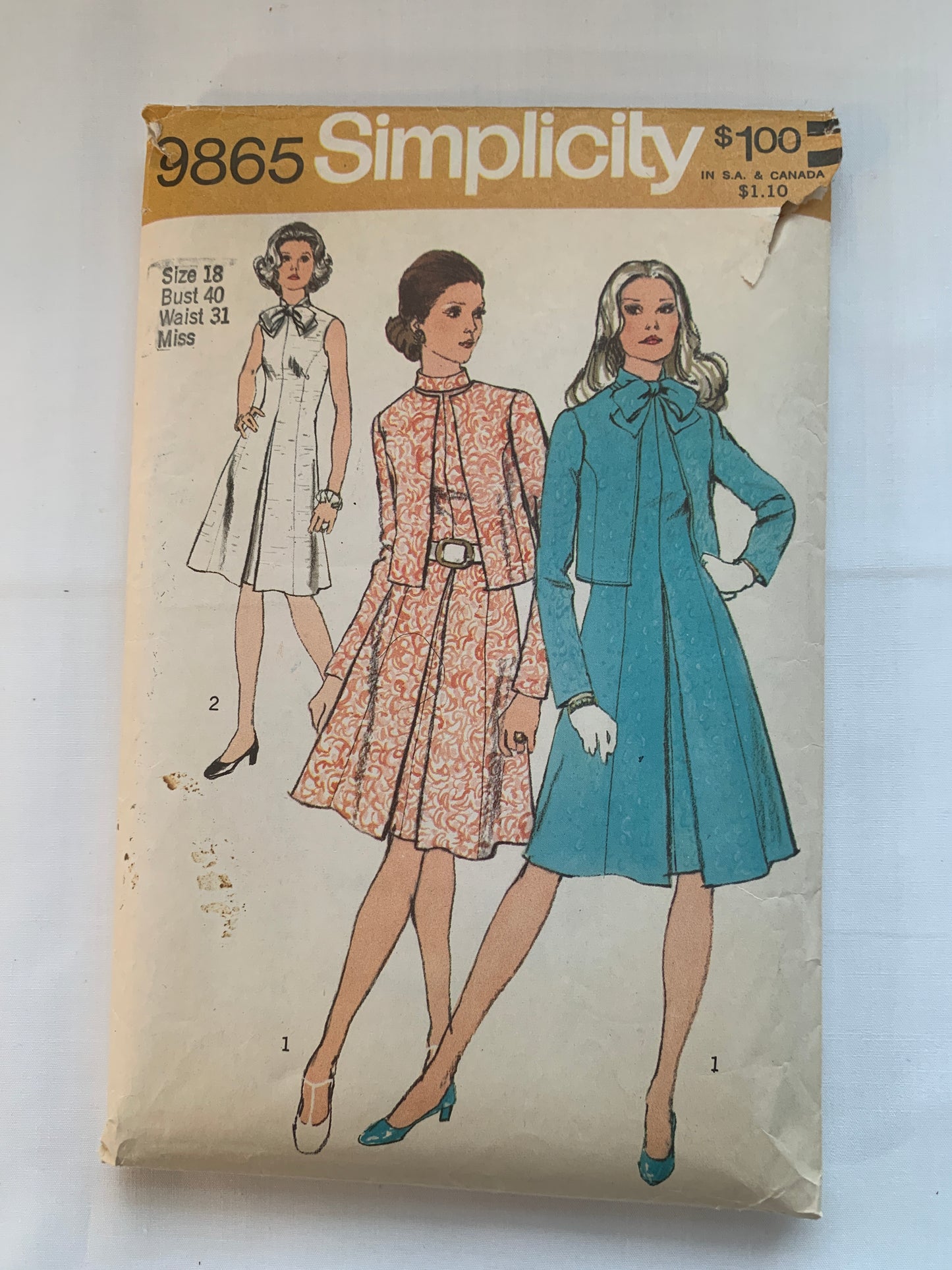 Simplicity Sewing Pattern 9865 Misses' Dress, Jacket, Sleeveless, Zipper, Princess Seams, Bow, Size 18, Cut, Vintage 1972
