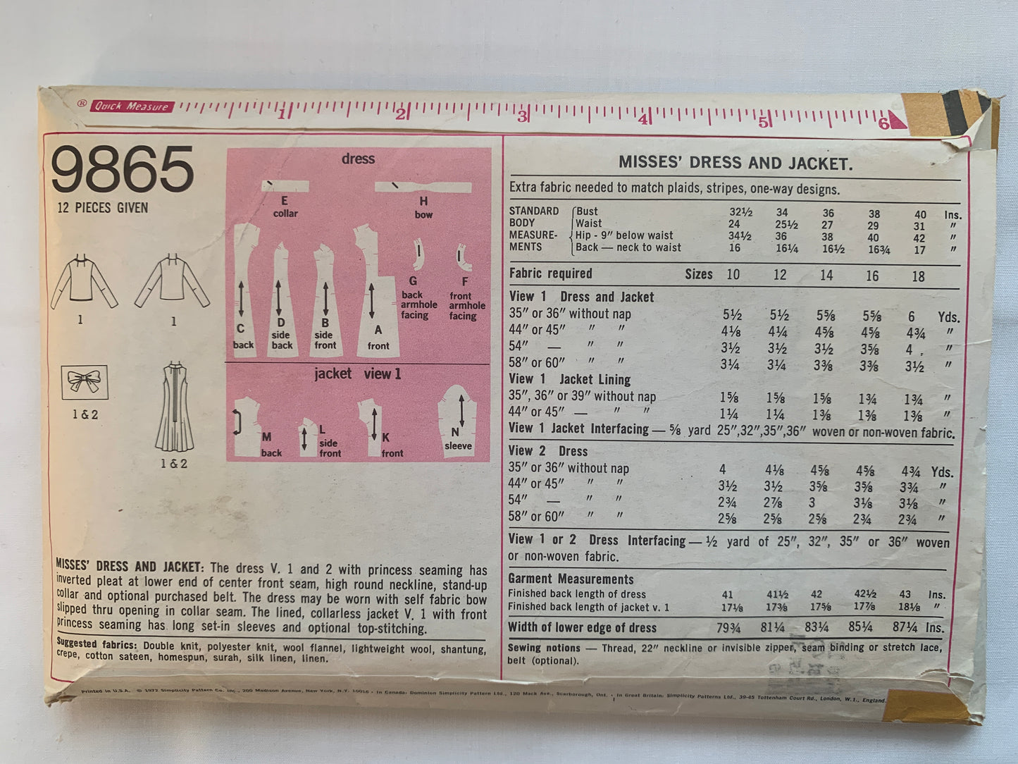 Simplicity Sewing Pattern 9865 Misses' Dress, Jacket, Sleeveless, Zipper, Princess Seams, Bow, Size 18, Cut, Vintage 1972