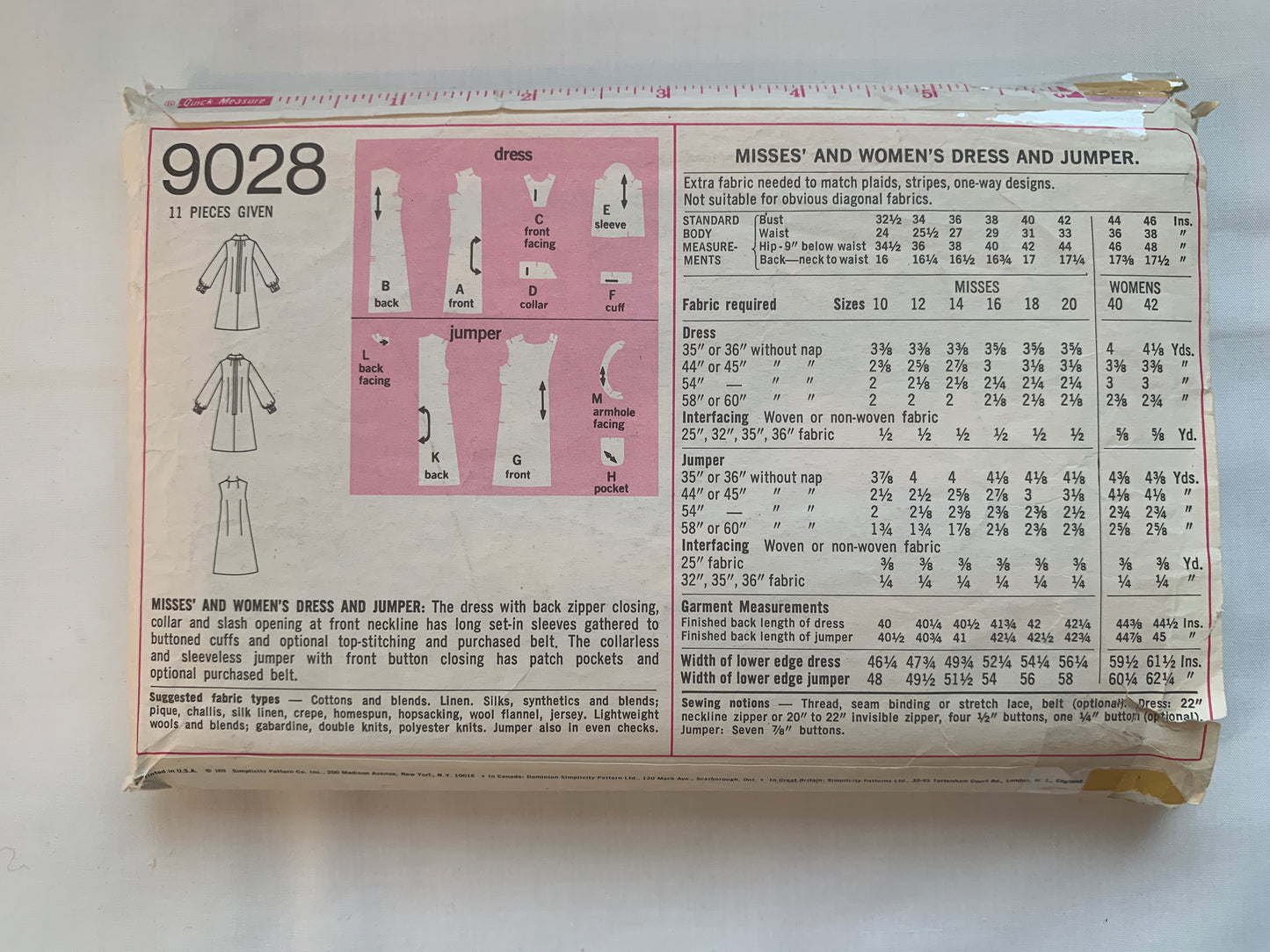 Simplicity Sewing Pattern 9028 Misses' Jumper, Dress, Jumper, Zipper Back, Collar, Size 18, Cut, Vintage 1970