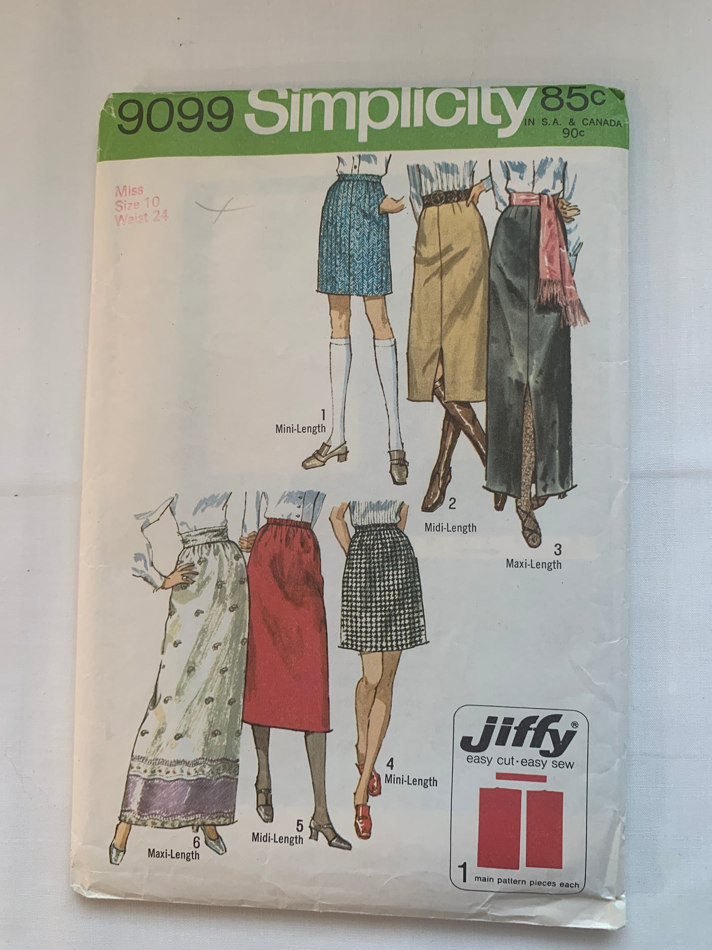 Simplicity Jiffy Sewing Pattern 9099 Misses' Skirt, Three Lengths, Zipper Back, Pockets, Waistband, Ladies, Size 10, Cut, Vintage 1971