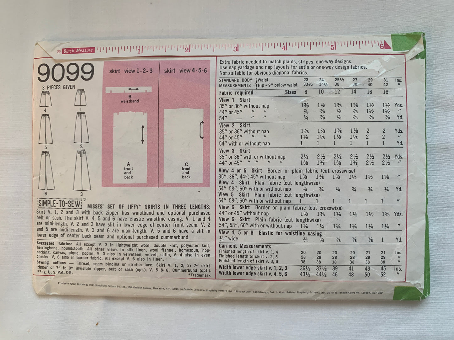 Simplicity Jiffy Sewing Pattern 9099 Misses' Skirt, Three Lengths, Zipper Back, Pockets, Waistband, Ladies, Size 10, Cut, Vintage 1971