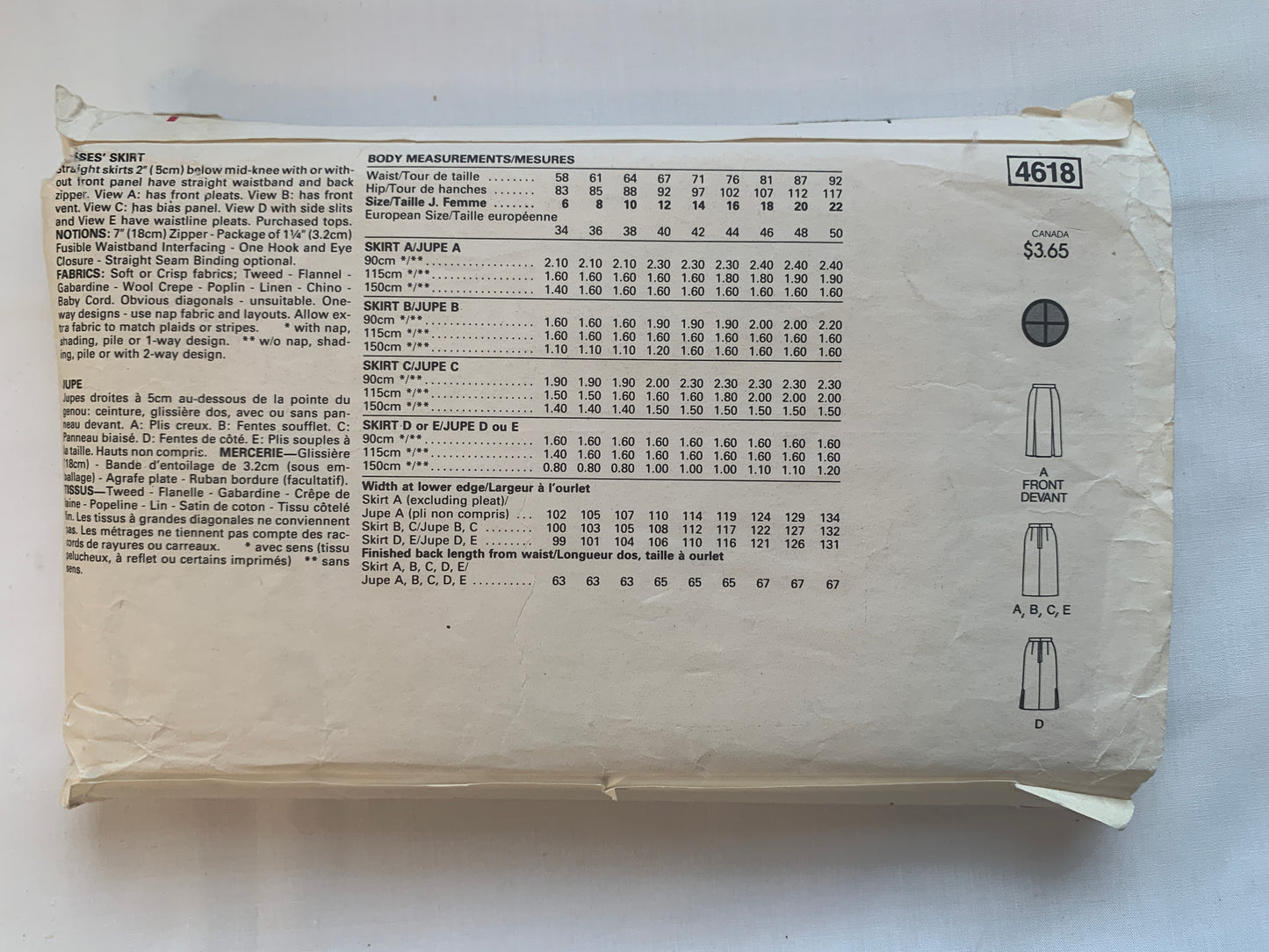 Butterick Sewing Pattern 4618 Misses' Straight Skirts, Side Slits, Zipper Back, Size 18-22, Cut, Vintage 1980