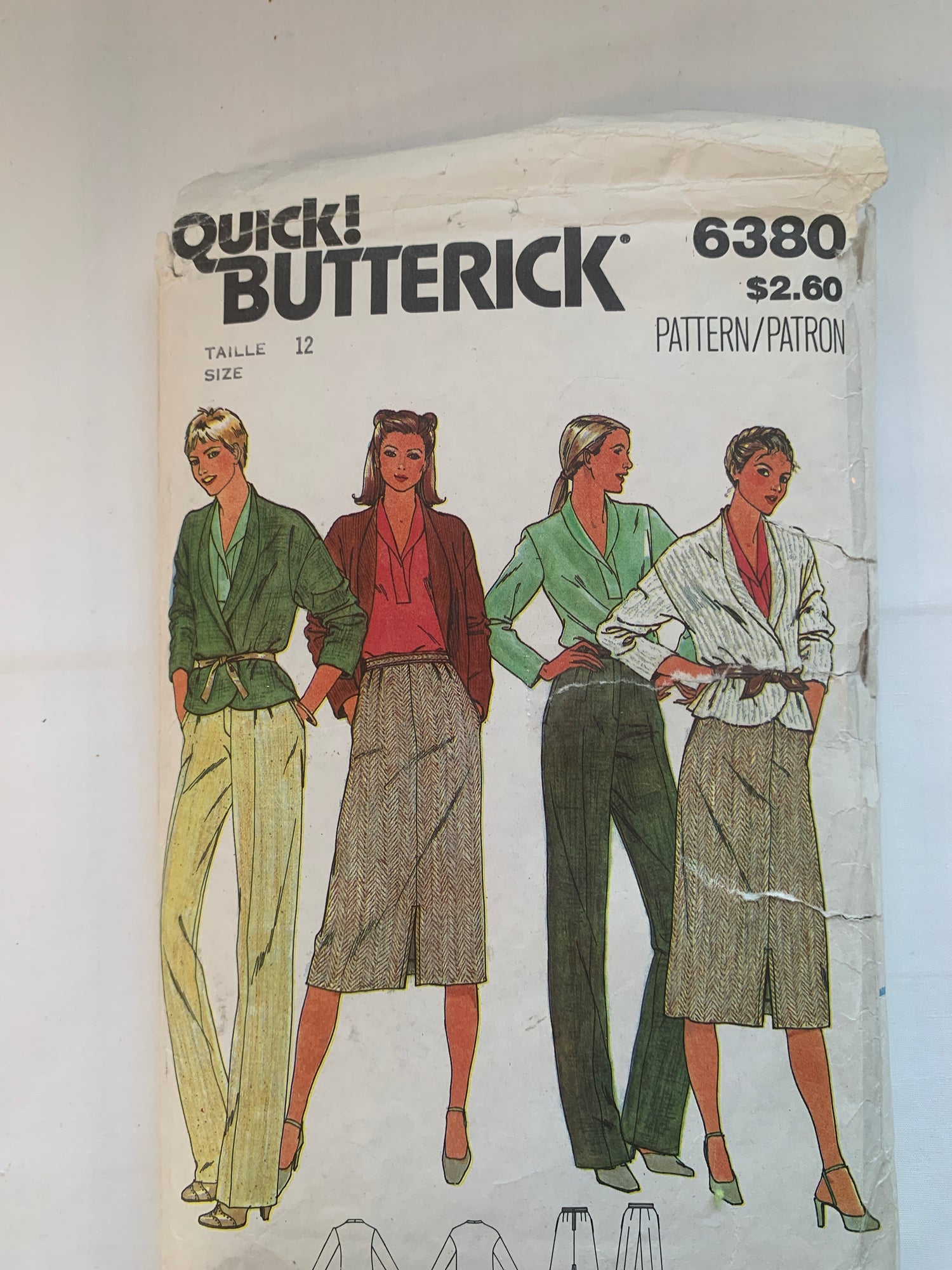 Butterick Sewing Pattern 6380 Misses' Jacket, Top, Skirt, Pants, Loose-Fitting, Long Sleeves, Shawl Collar, Size 12, Cut, Vintage 1978