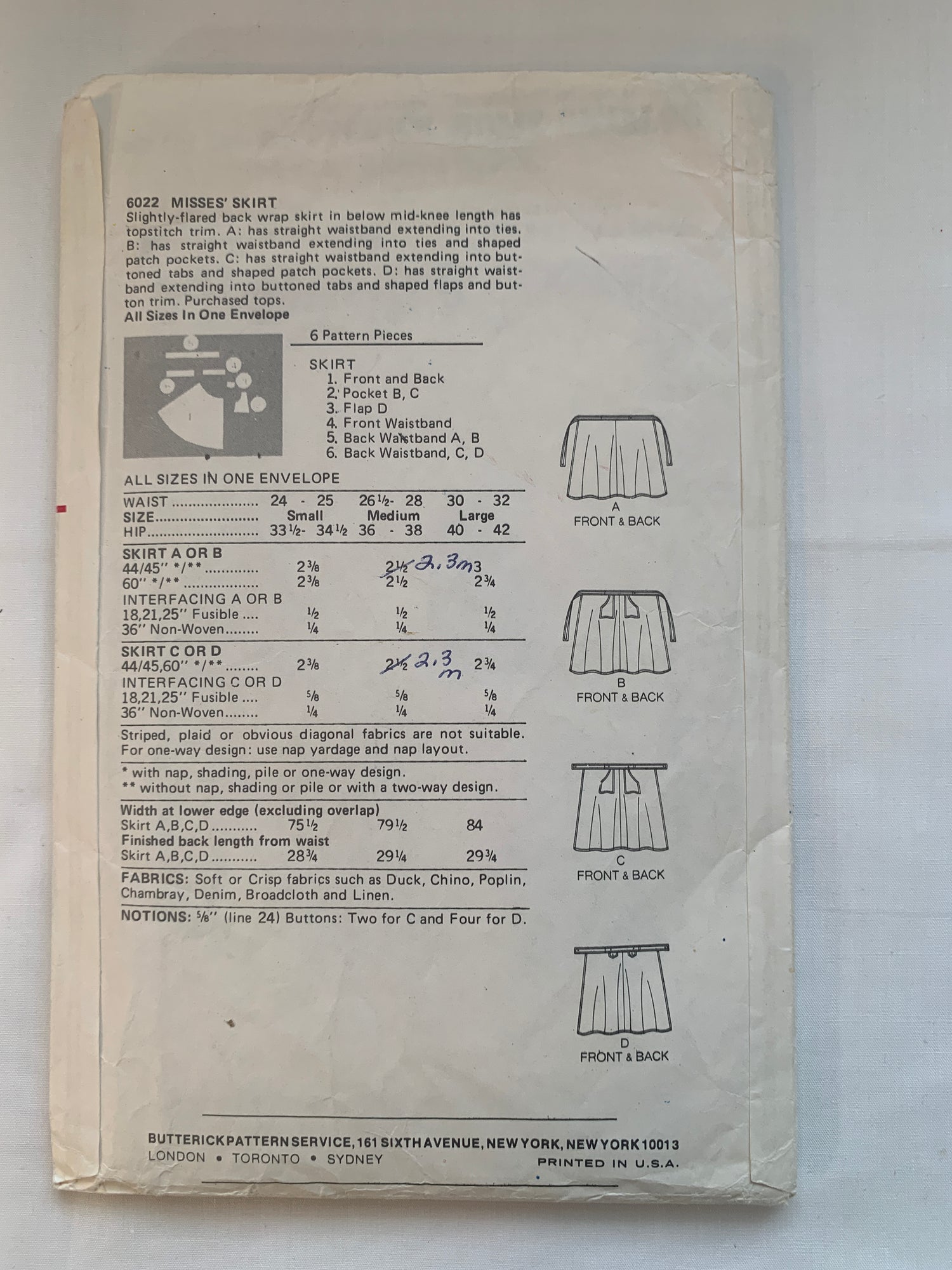 Butterick Sewing Pattern 6022 Misses' Skirt, Flared, 4 Variations, Size 24-32" Waist, Cut, Vintage 1980