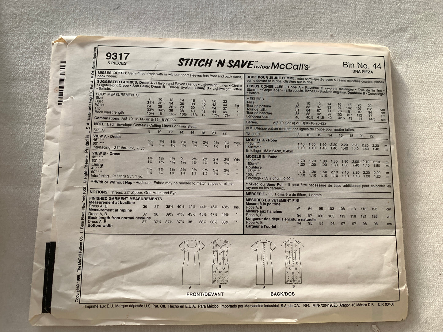 McCall's Stitch 'N Save Sewing Pattern 9317 Misses' Dress, Semi-Fitted, Zipper Back, Size 8-14, Uncut, Vintage 1998