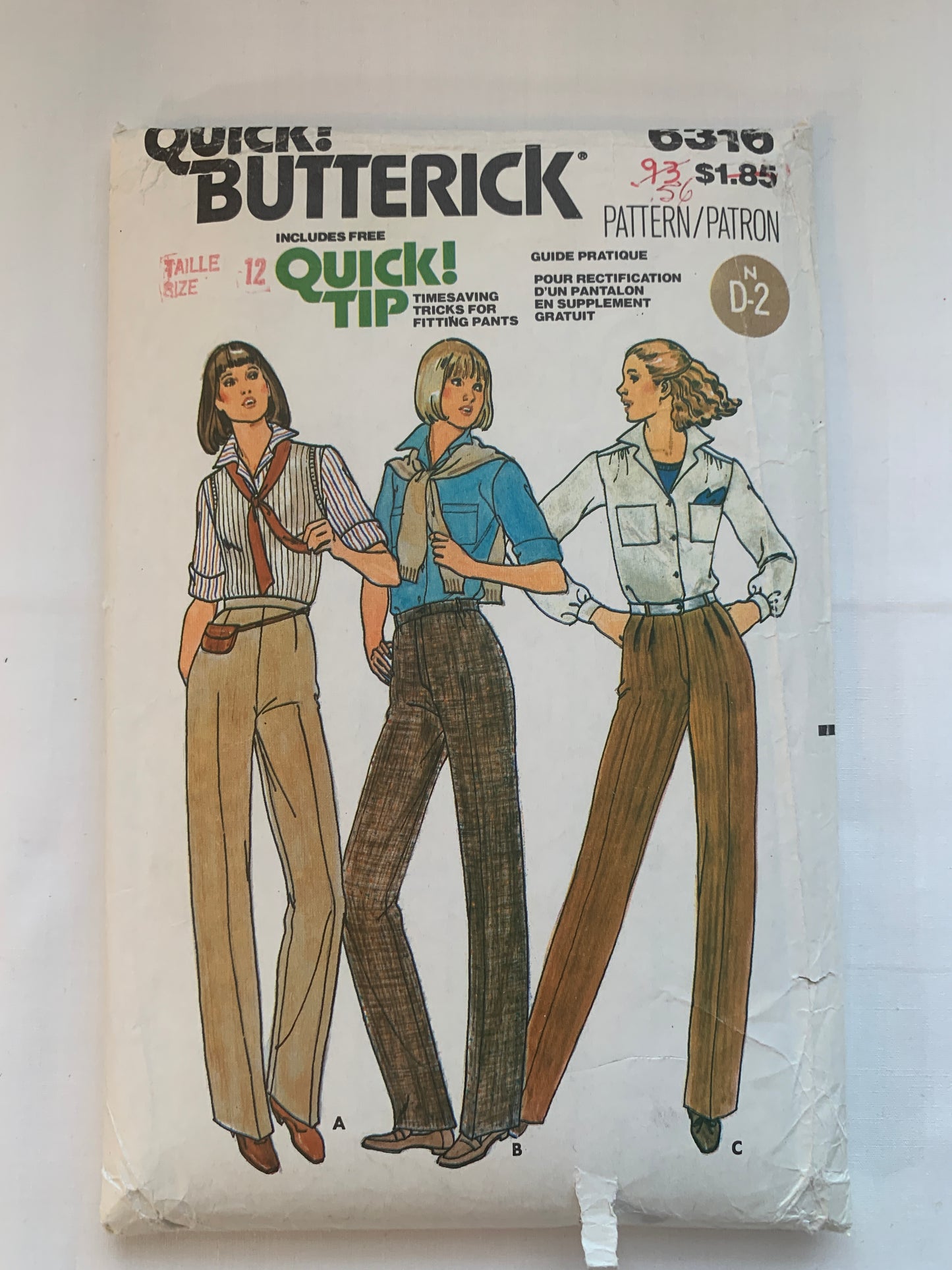 Butterick Sewing Pattern 6316 Misses' Pants, Zipper Back, 3 Variations, Straight, Size 12, Cut, Vintage 1970