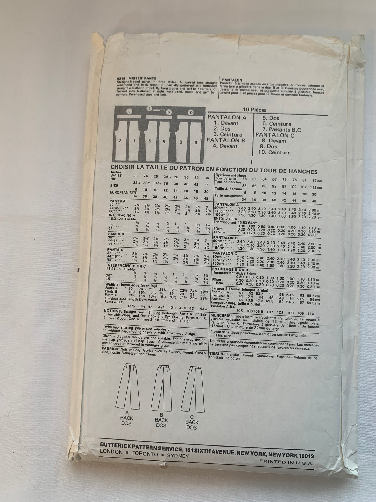 Butterick Sewing Pattern 6316 Misses' Pants, Zipper Back, 3 Variations, Straight, Size 12, Cut, Vintage 1970