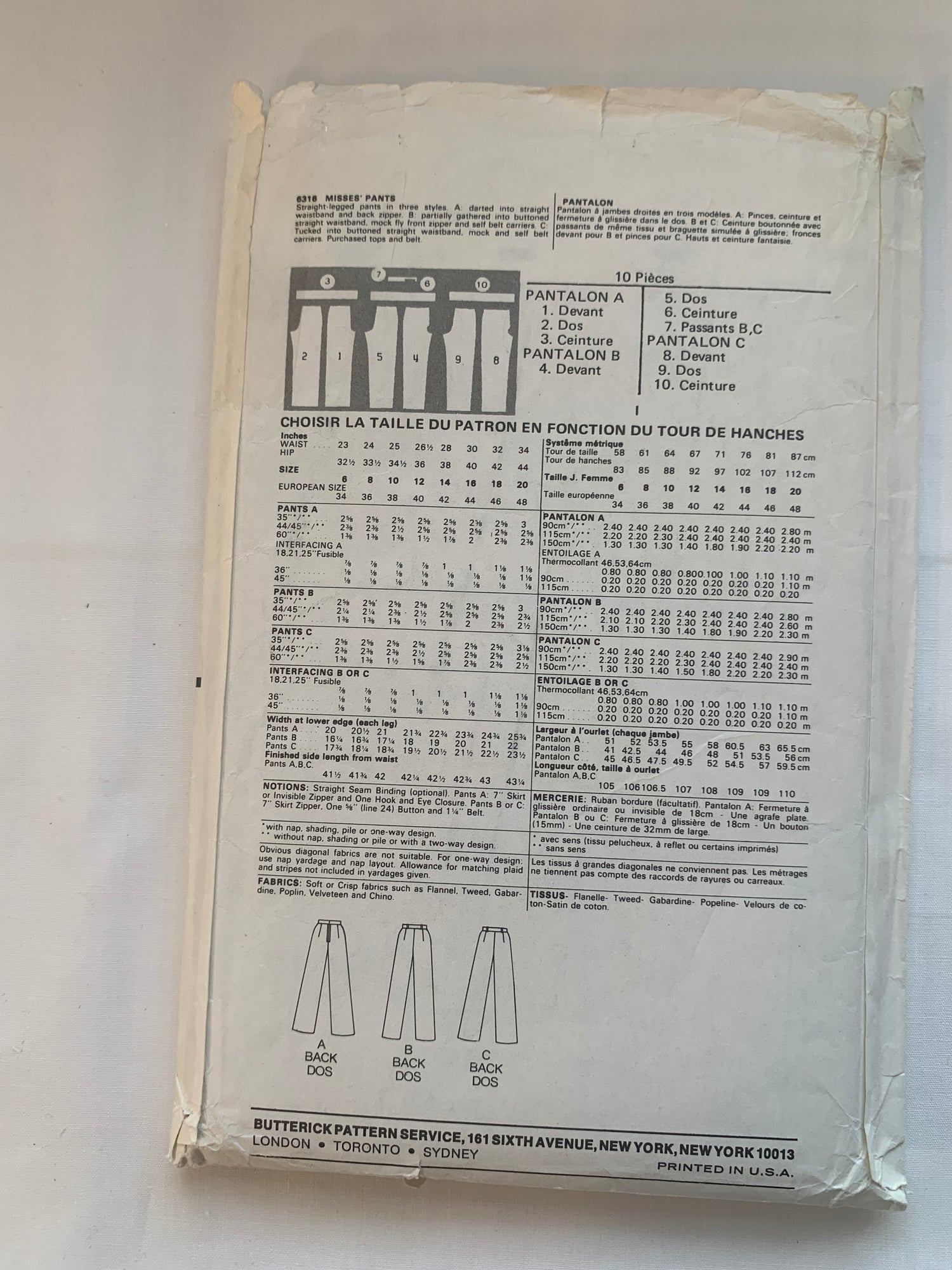 Butterick Sewing Pattern 6316 Misses' Pants, Zipper Back, 3 Variations, Straight, Size 12, Cut, Vintage 1970