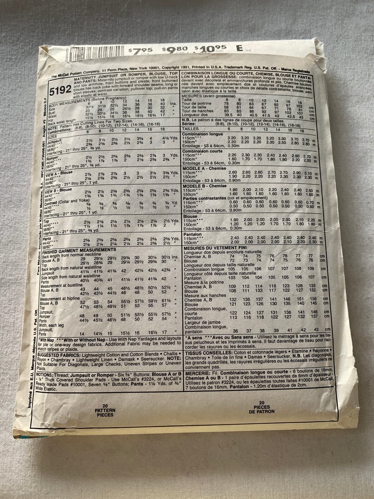 McCall's Sewing Pattern 5192 Misses' Maternity Jumpsuit, Rompers, Blouse, Top, Pants, Front Buttons, Size 14-16, Uncut, Vintage 1991