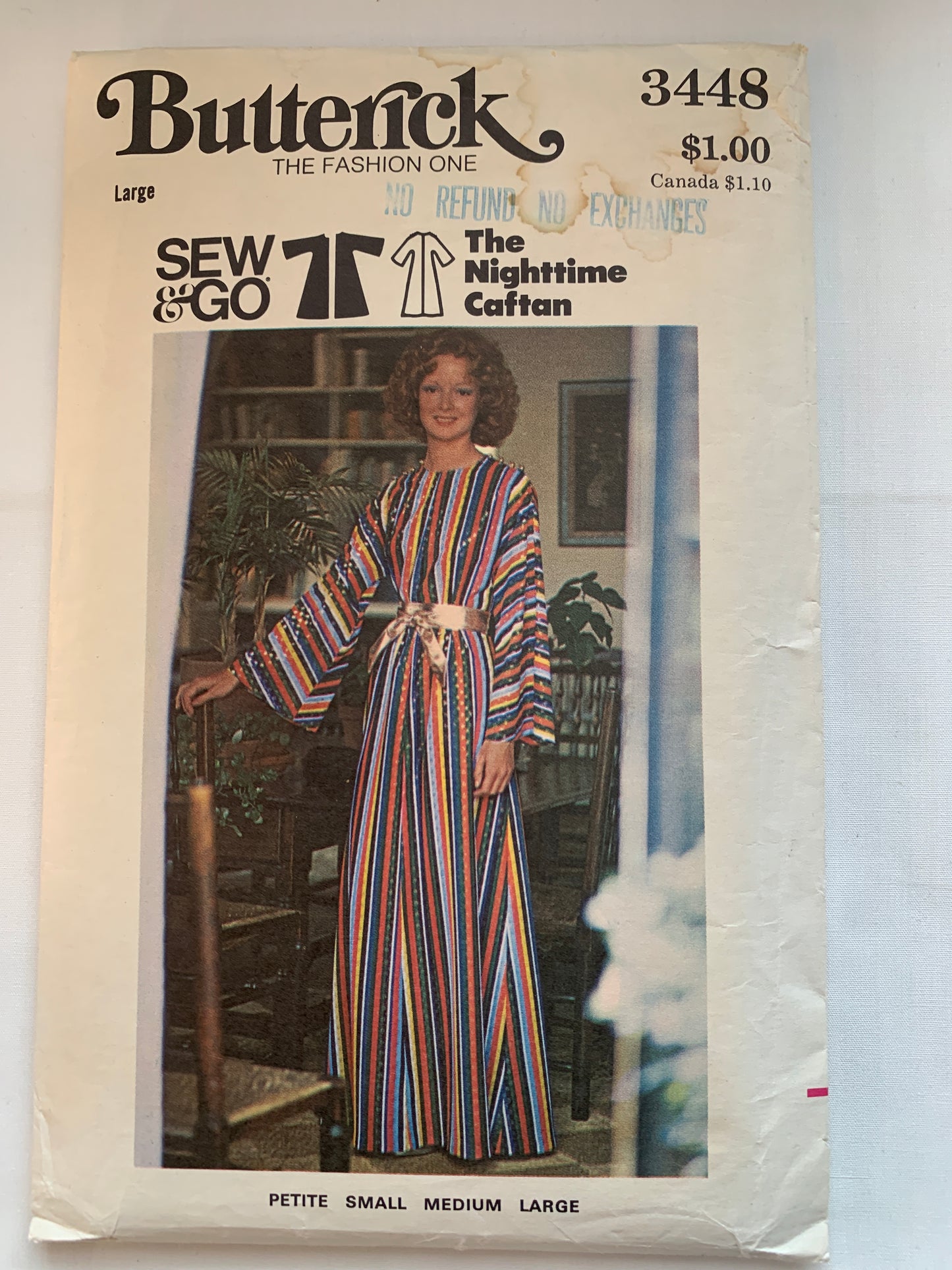 Butterick Sewing Pattern See & Sew 3448 Misses' Caftan, Loose-Fitting, Long Kimono Sleeves, Size 16-18, Uncut, Vintage 1980