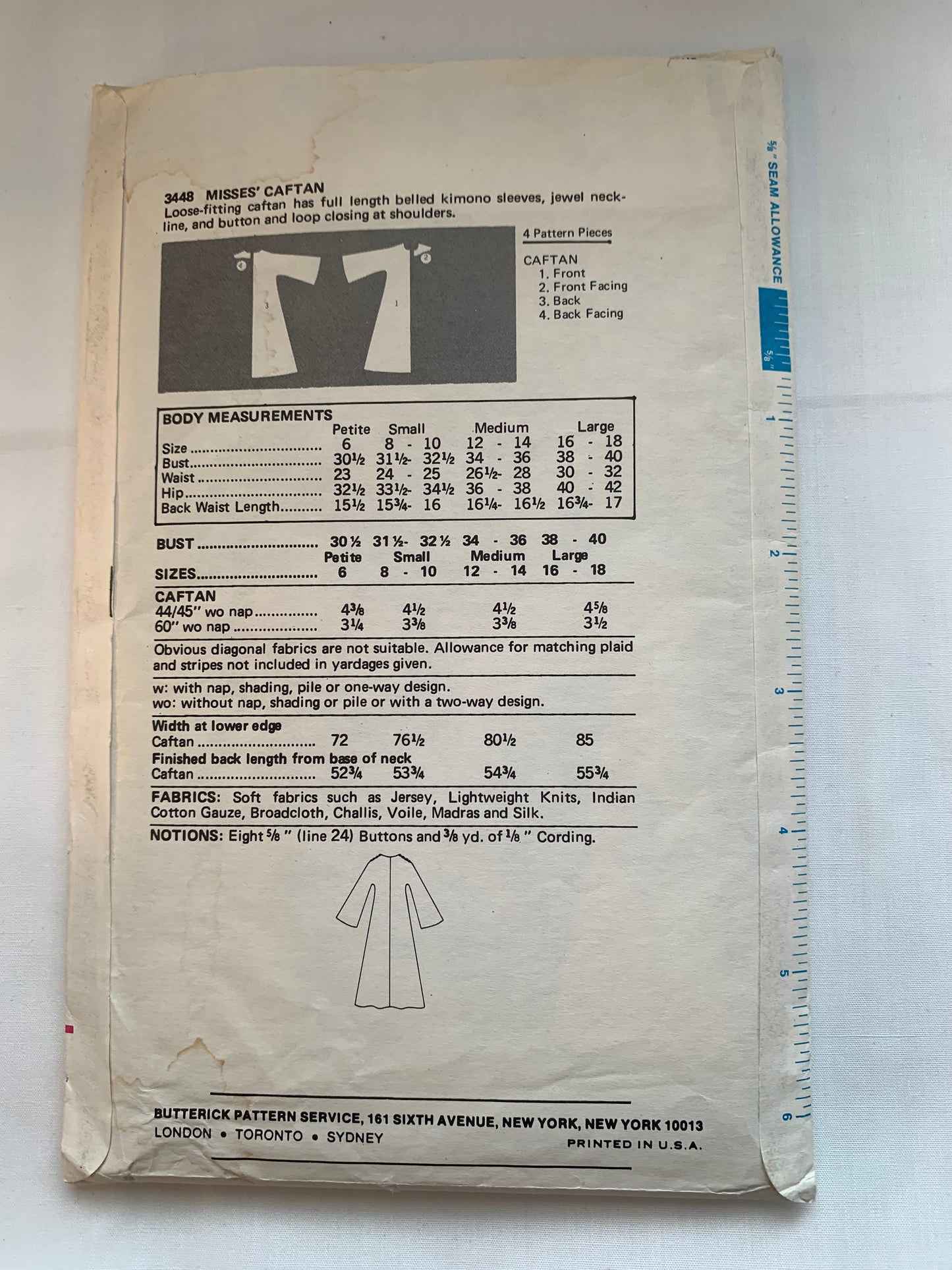 Butterick Sewing Pattern See & Sew 3448 Misses' Caftan, Loose-Fitting, Long Kimono Sleeves, Size 16-18, Uncut, Vintage 1980